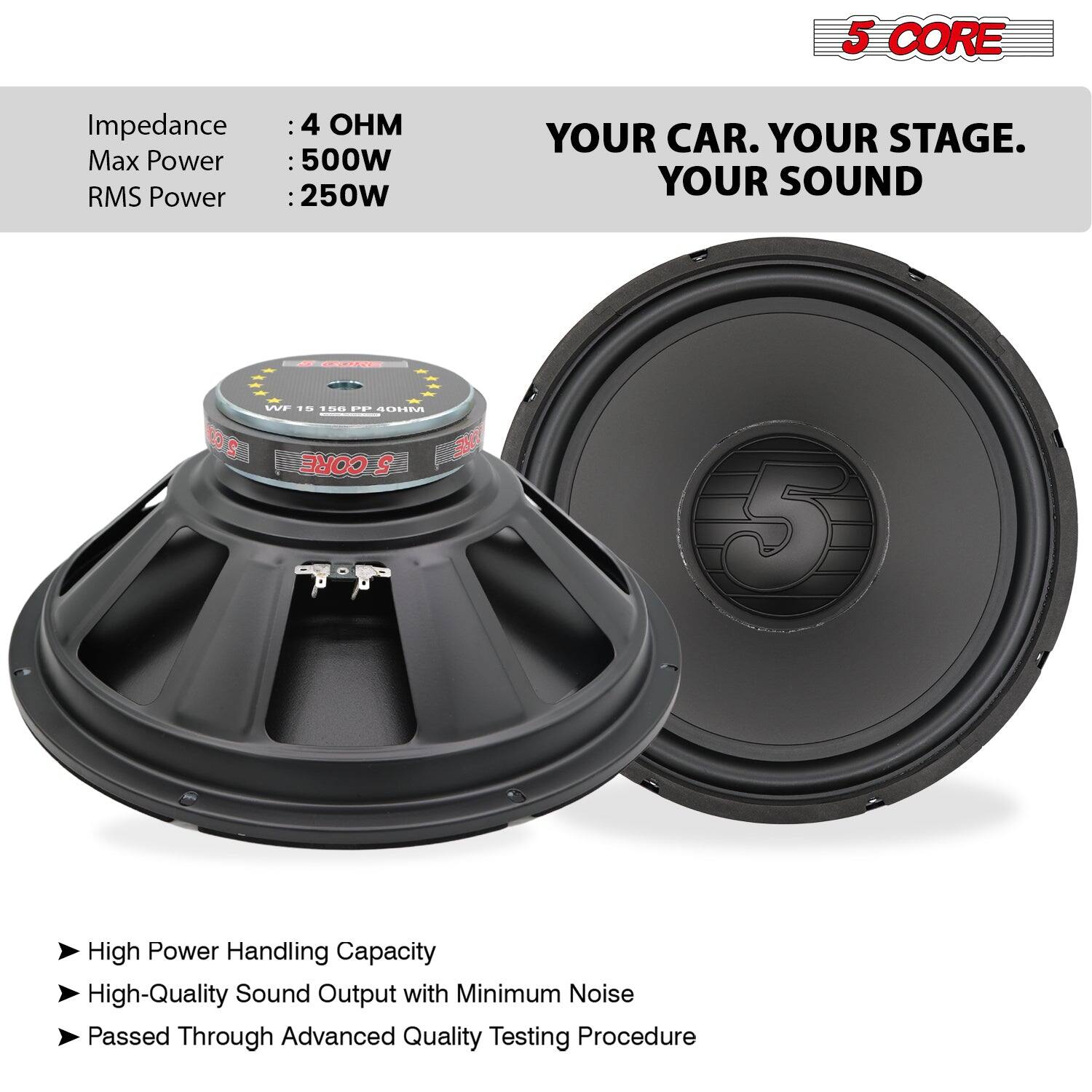 5 CORE 15 Inch Woofer 500W Car Subwoofer 4Ohm Replacement Deep Sub