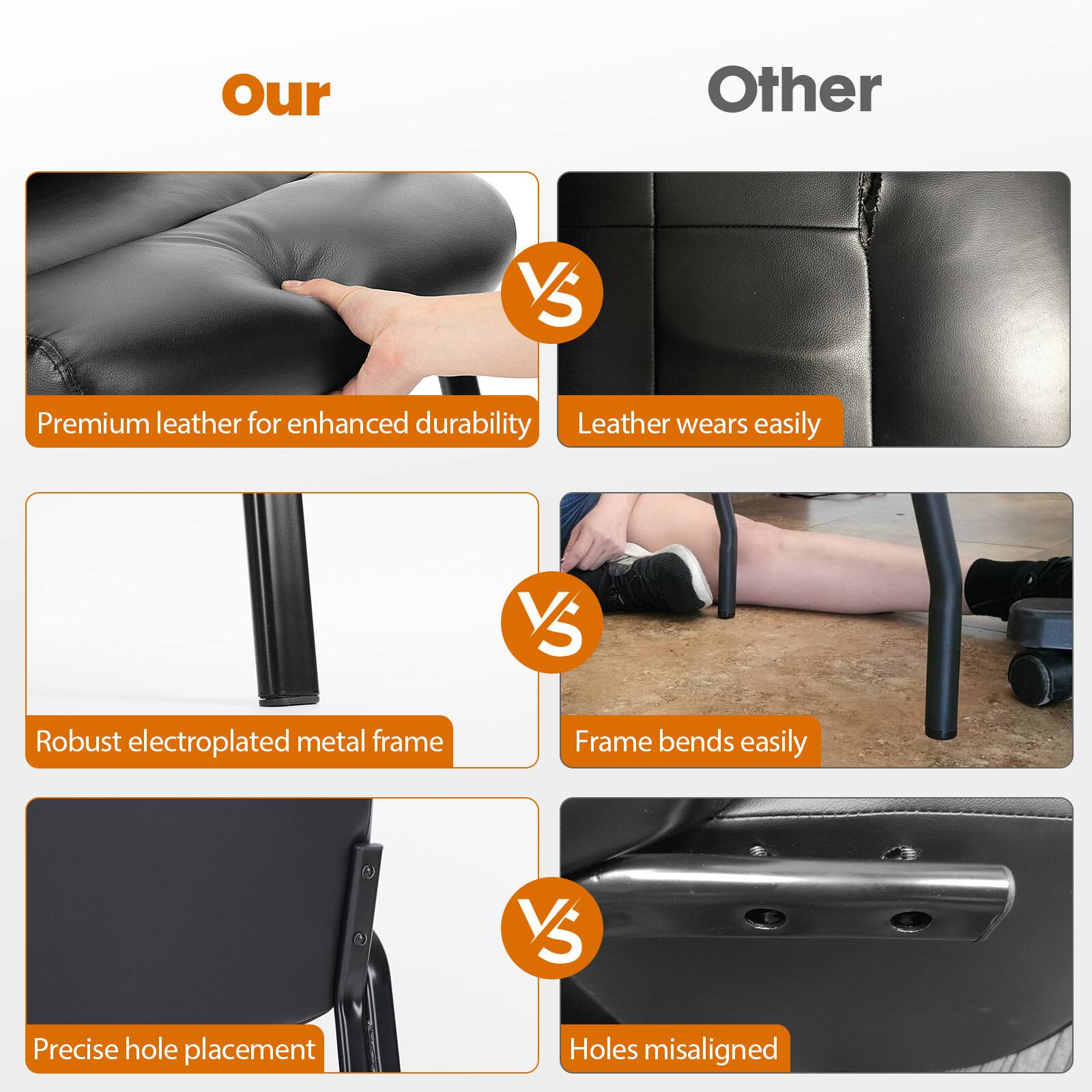 Our  
Premium leather for enhanced durability  
Robust electroplated metal frame  
Precise hole placement  

Other  
Leather wears easily  
Frame bends easily  
Holes misaligned