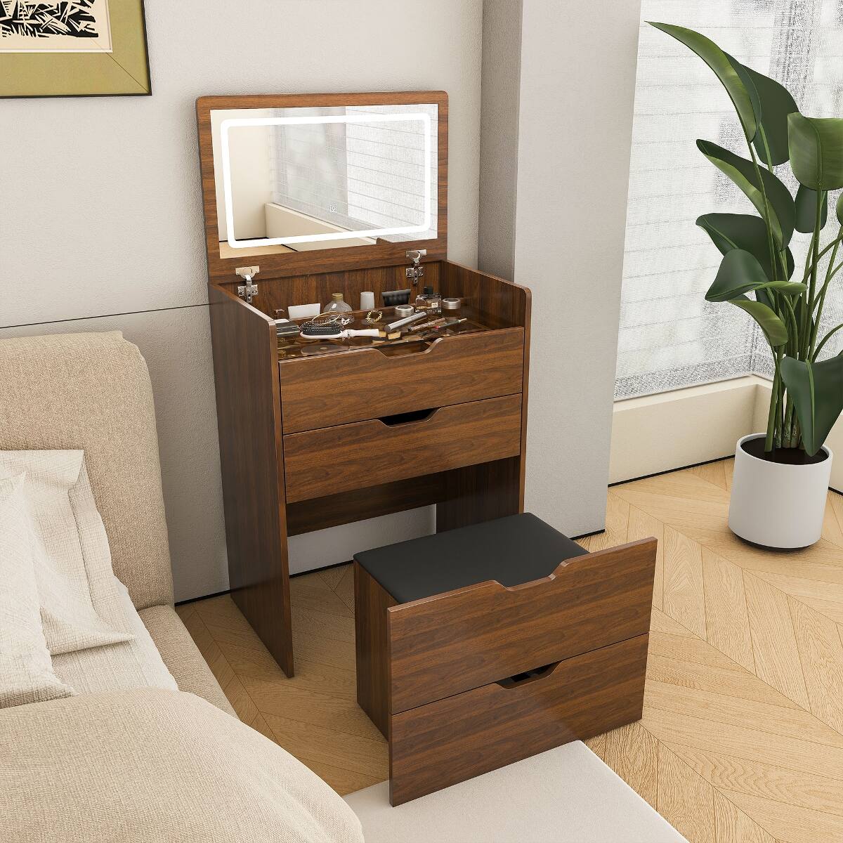 Alt View 3. Loheer - Loheer 3-in-1 Vanity Desk with Lighted Mirror, Flip-Top Storage Cabinet and Stool - Walnut.