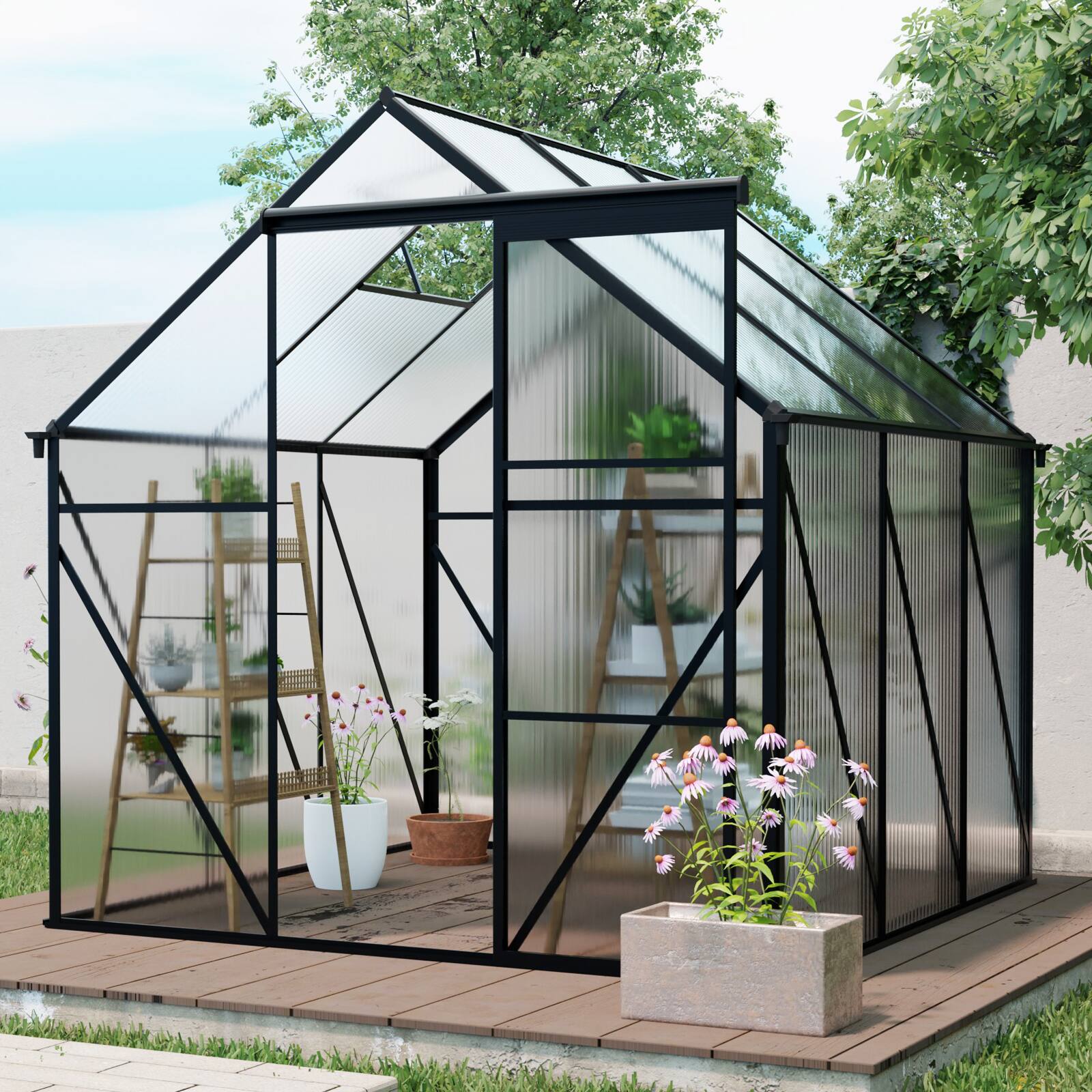 Left. Mondawe - 6X6FT Polycarbonate Greenhouse with Raised Base - Black.
