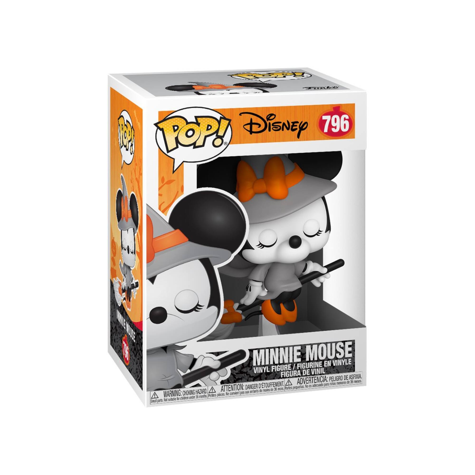 Sure, here is the corrected and grouped text from the image:

---

**Disney 796**

**POP!**

**MINNIE MOUSE**

**VINYL FIGURE / FIGURINE EN VINYLE / FIGURA DE VINIL / FIGURA DE VINIL**

**ADVERTENCIA: PELIGRO DE ASFIXIA - DANGER - ATTENTION: CHOKING HAZARD - ATTENTION: CHOKING HAZARD**

**WARNING: CHOKING HAZARD - ATTENTION: PELIGRO DE ASFIXIA - ATTENTION: CHOKING HAZARD**

---

This text is from the packaging of a Funko Pop! vinyl figure of Minnie Mouse.