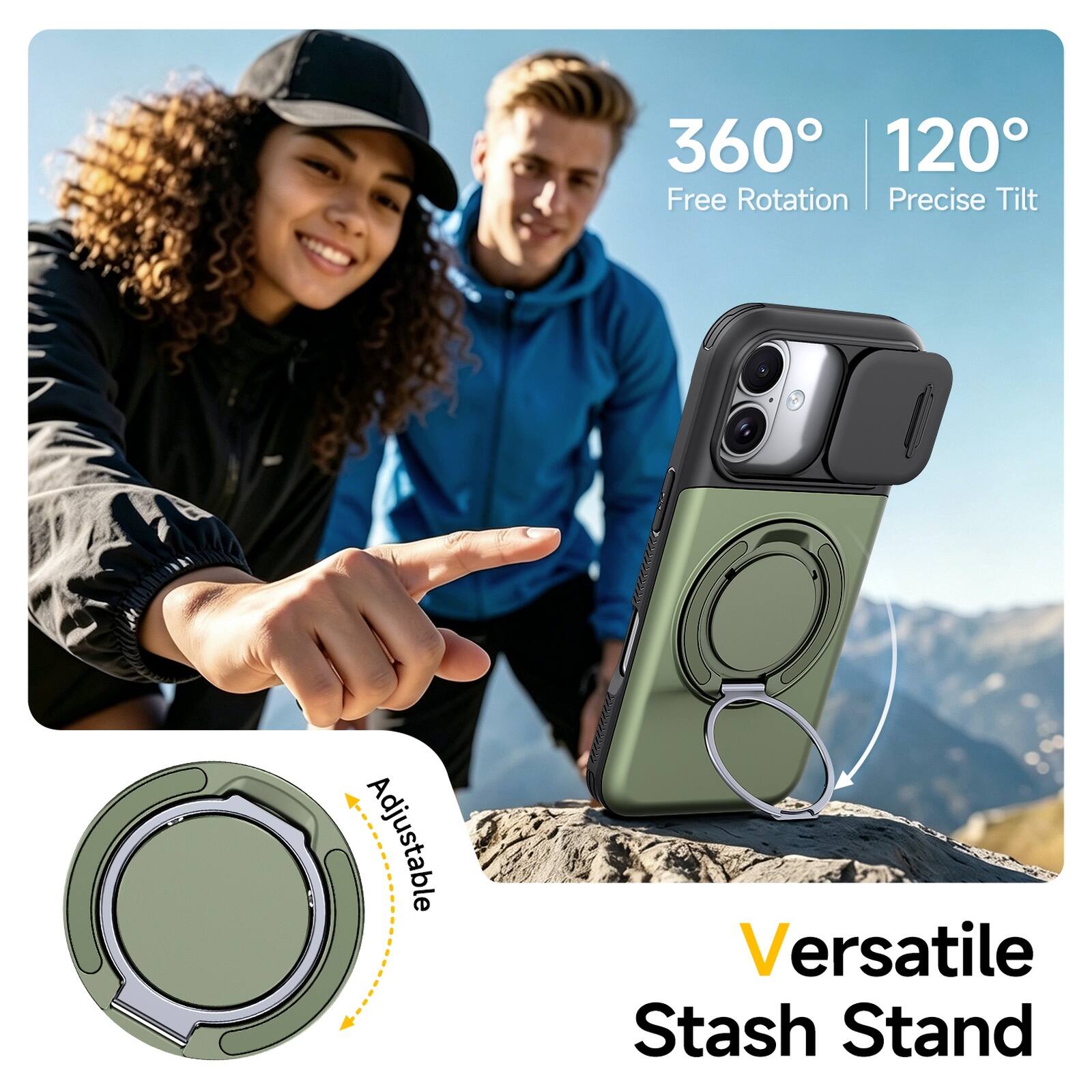 360° 120° Free Rotation | Precise Tilt  
Adjustable  
Versatile Stash Stand