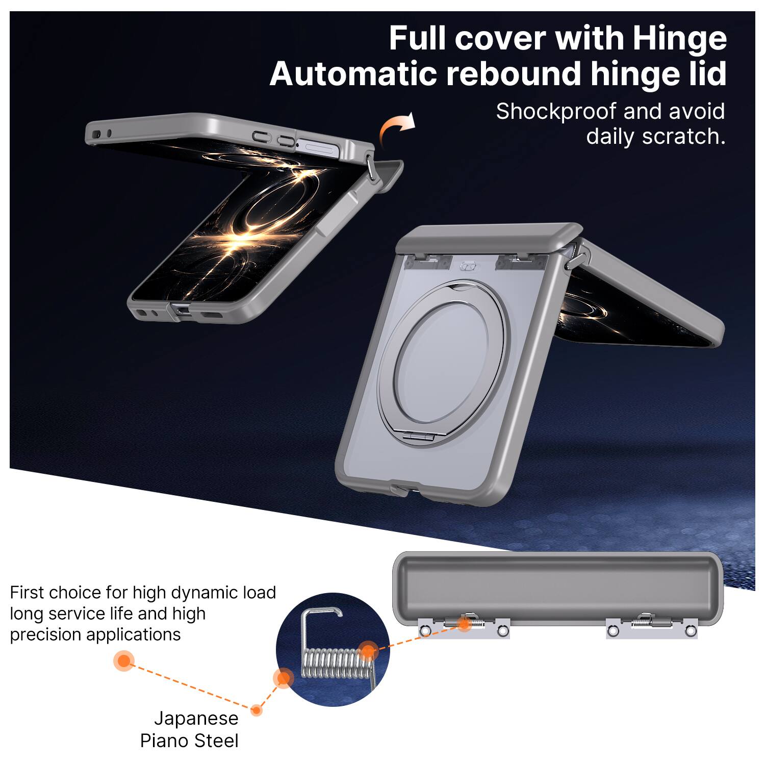Full cover with Hinge Automatic rebound hinge lid  
Shockproof and avoid daily scratch.  

First choice for high dynamic load long service life and high precision applications  
Japanese Piano Steel