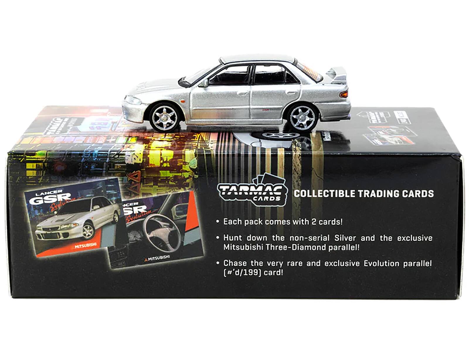 **Tarmac Collectible Trading Cards**

- Each pack comes with 2 cards!
- Hunt down the non-serial Silver and the exclusive Mitsubishi Three-Diamond parallel!
- Chase the very rare and exclusive Evolution parallel [#'d/199] card!

**Lancer GSR SR Solution**  
**Mitsubishi**