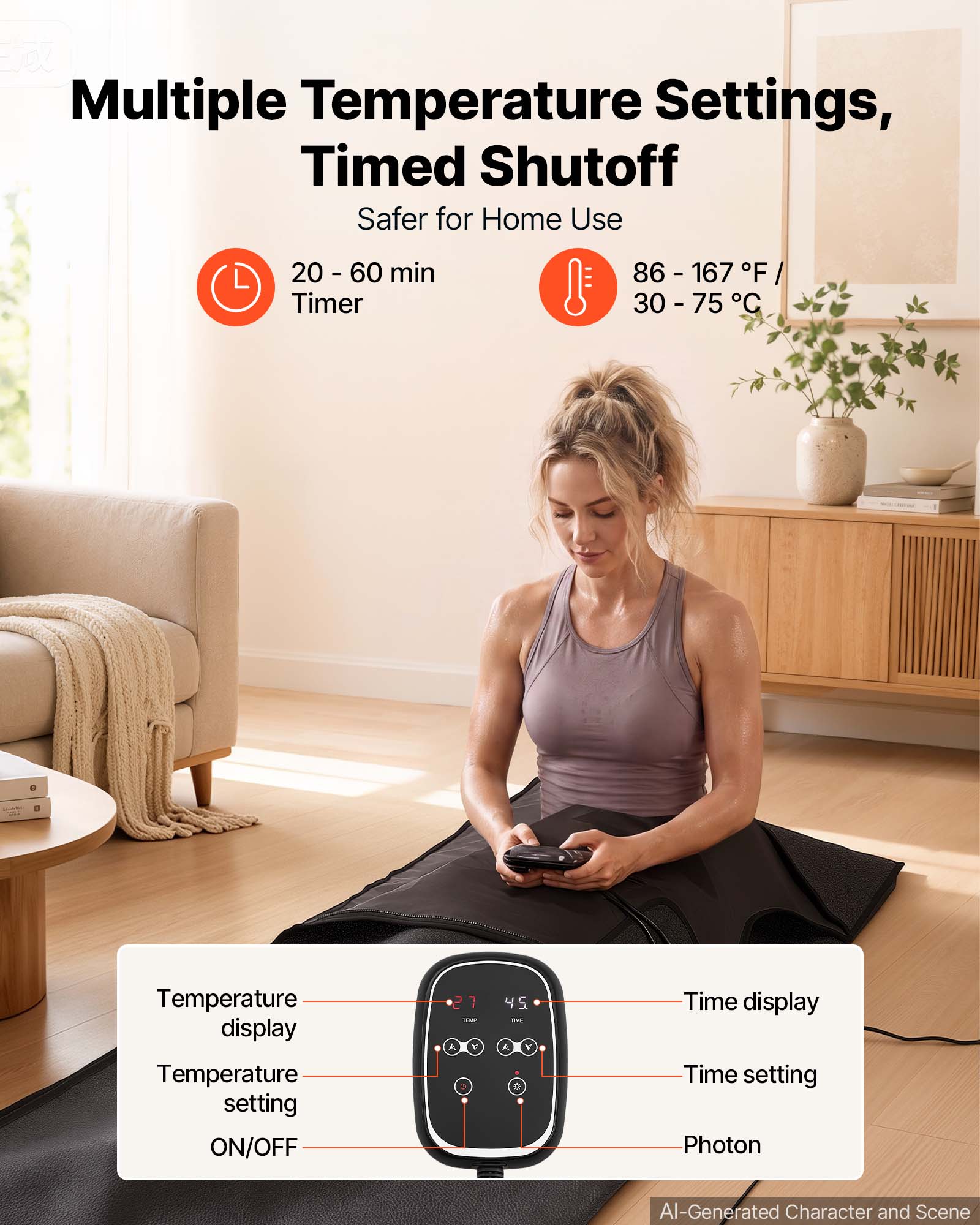 Multiple Temperature Settings, Timed Shutoff  
Safer for Home Use  

20 - 60 min Timer  
86 - 167 °F / 30 - 75 °C  

Temperature display  
Temperature setting  
ON/OFF  

Time display  
Time setting  
Photon  

AI-Generated Character and Scene