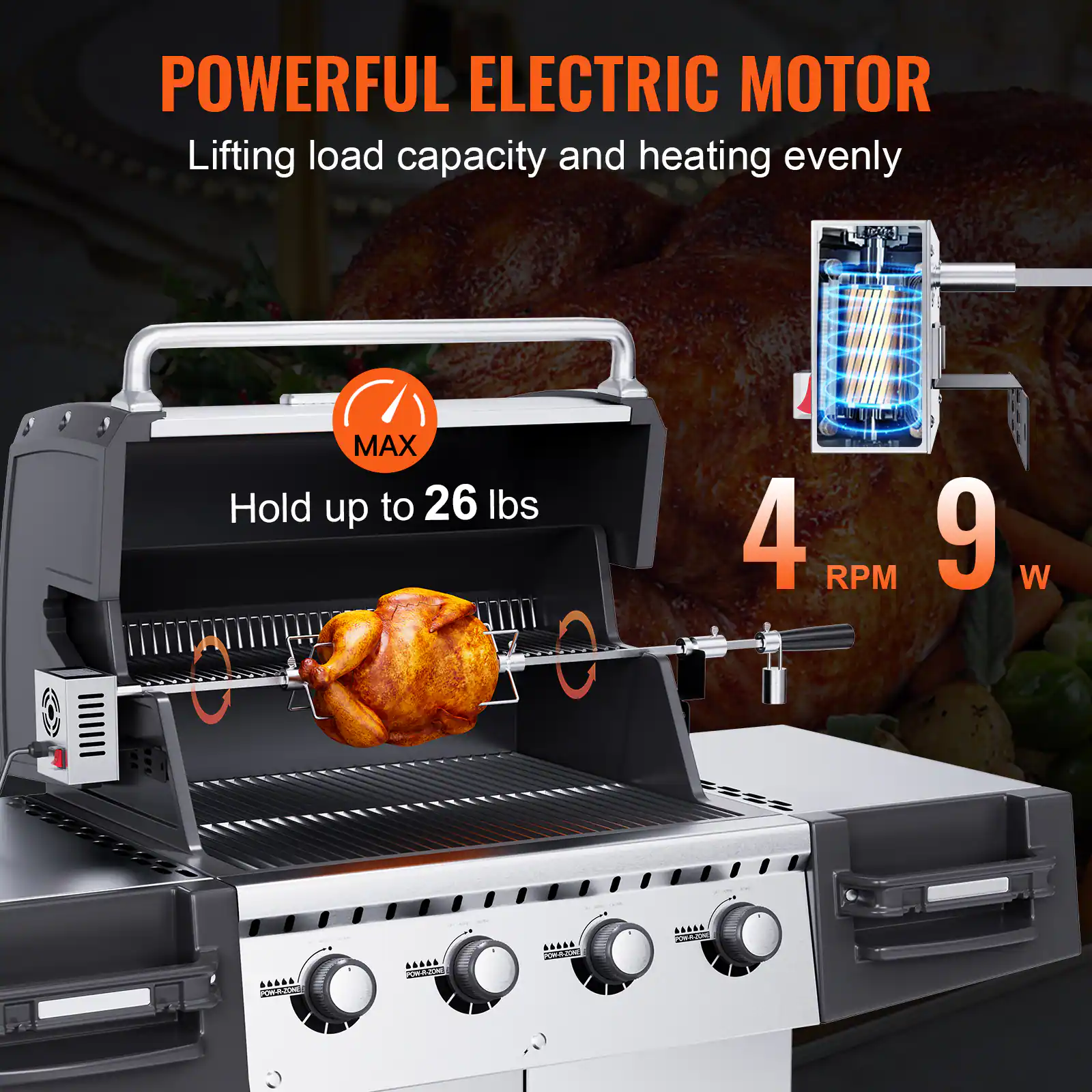 POWERFUL ELECTRIC MOTOR, Lifting load capacity and heating evenly, MAX, Hold up to 26 lbs, 4 RPM, 9 W
