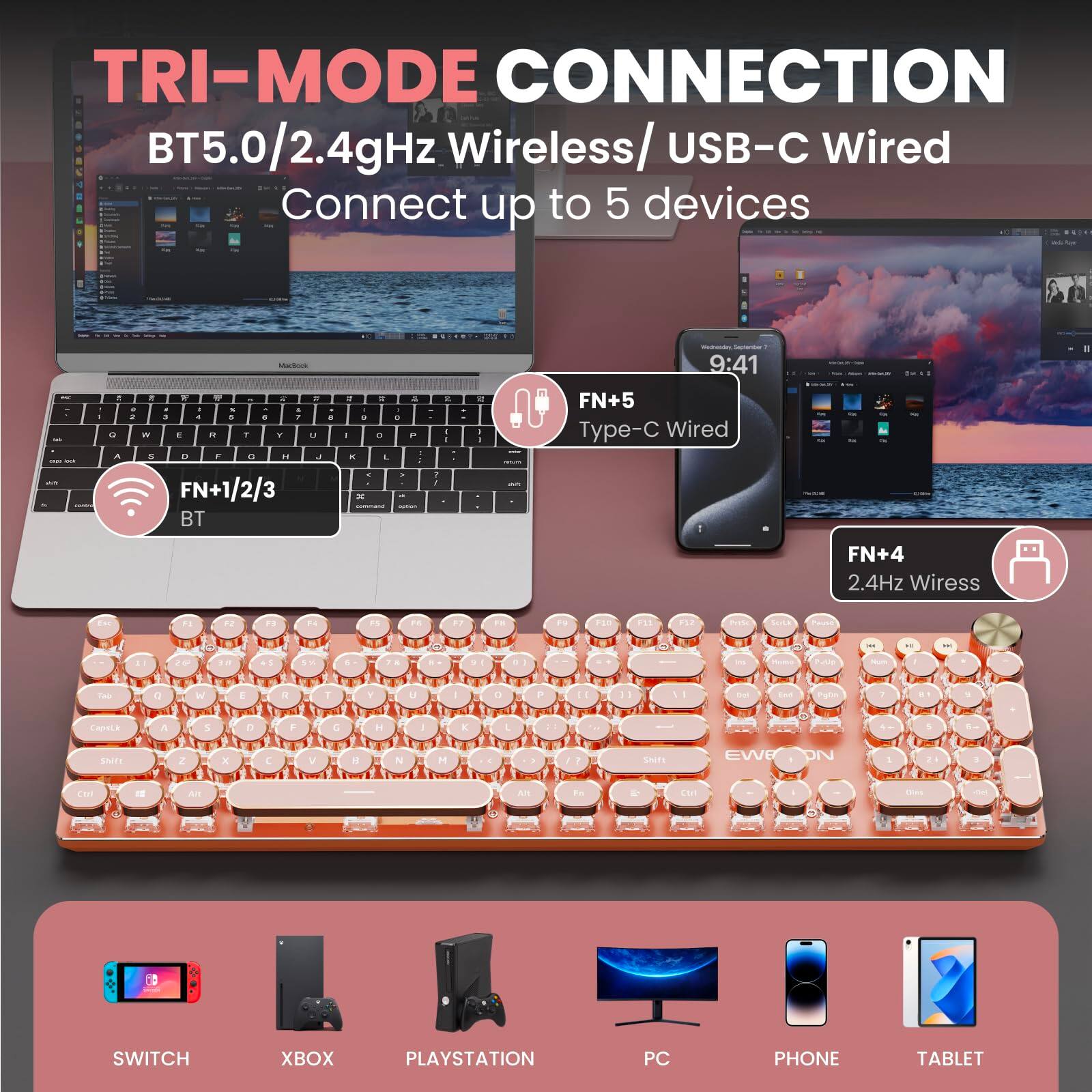 TRI-MODE CONNECTION  
BT5.0/2.4GHz Wireless/USB-C Wired  
Connect up to 5 devices  

FN+1/2/3 BT  
FN+4 2.4GHz Wireless  
FN+5 Type-C Wired  

SWITCH XBOX PLAYSTATION PC PHONE TABLET