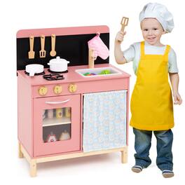 Gymax - Play Kitchen for Kids w/ Door Curtain Stoves Sink & Oven Cookware Accessories - Pink