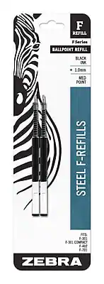 F REFILL
F Series
BALLPOINT REFILL
BLACK INK
1.0mm
MED POINT
STEEL REFILLS
F-301 COMPACT
F-301 COMPACT
F-301 COMPACT
F-301
ZEBRA