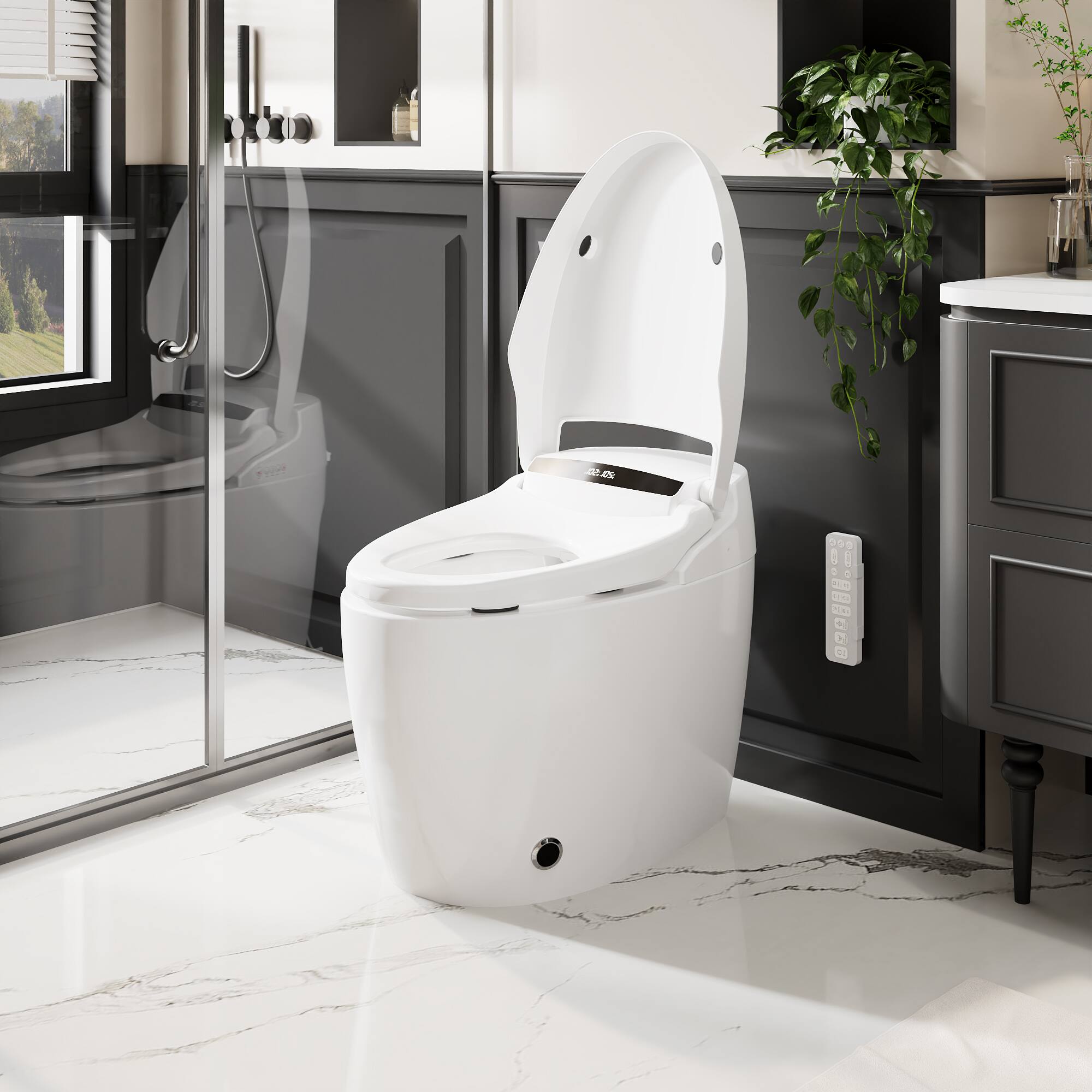 Left. Famapy - Touchless Smart Toilet with Auto Open/Close & Flush UV-C Sterilized Nozzle, Heated Seat, Dryer - White.