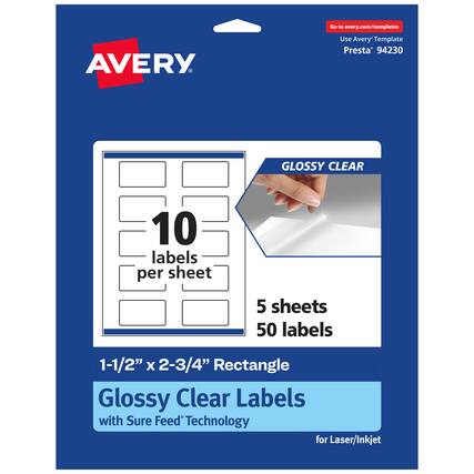 Go to avery.com/templates
AVERY
Use Avery Template Presta* 94230
GLOSSY CLEAR
10 labels per sheet
5 sheets
50 labels
1-1/2" x 2-3/4" Rectangle Glossy Clear Labels with Sure Feed Technology for Laser/Inkjet