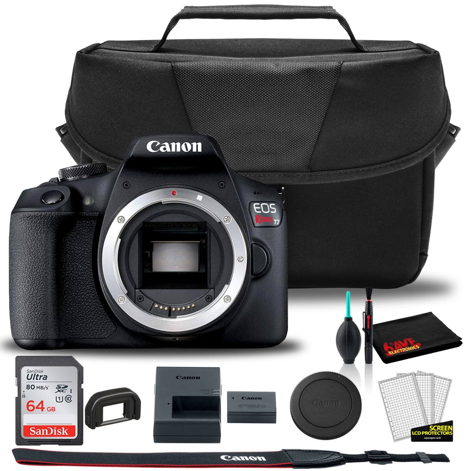 Canon EOS Rebel T7  
SanDisk Ultra 80 MB/s 64 GB  
Canon Screen Protectors  
Canon Lens Hood  
Canon Lens Cap  
KAVE Electronics Cleaning Kit  
Canon Camera Bag