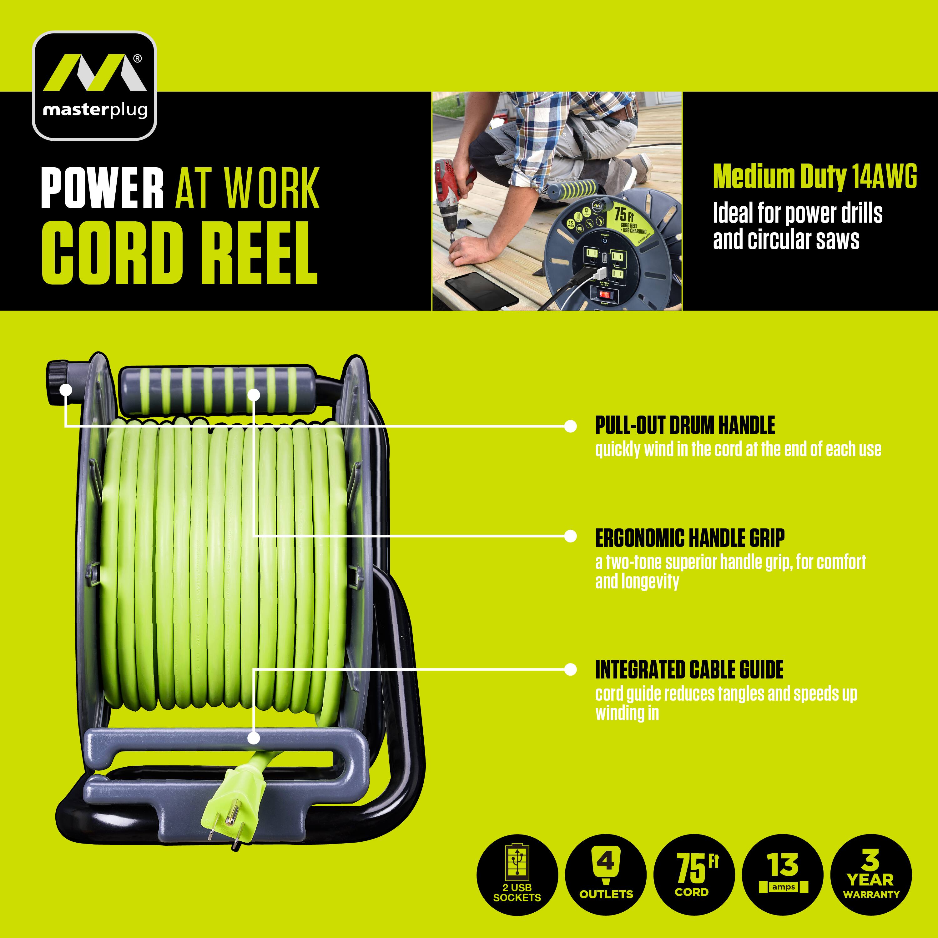 Alt View 16. Masterplug - 75Ft 4 Sockets 13A 14AWG Large Open Reel with USB Charging - Green & Grey.