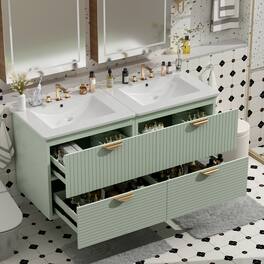Loheer - 48 inch Wall Mounted Bathroom Vanity Floating Double Vanity with Ceramic Sinks - Green