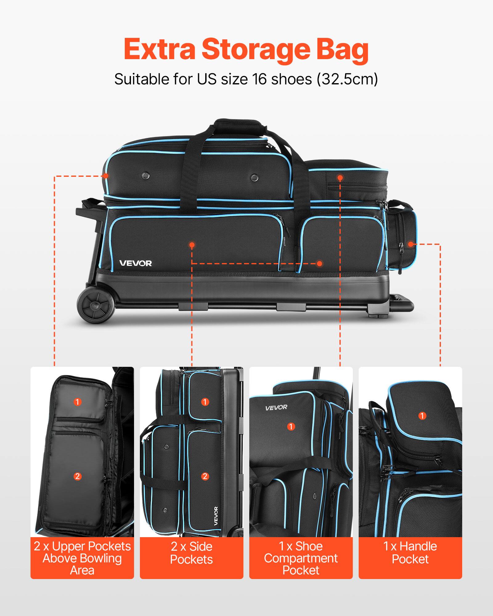 Extra Storage Bag Suitable for US size 16 shoes (32.5cm) VEVOR

- 2 x Upper Pockets Above Bowling Area
- 2 x Side Pockets
- 1 x Shoe Compartment Pocket
- 1 x Handle Pocket