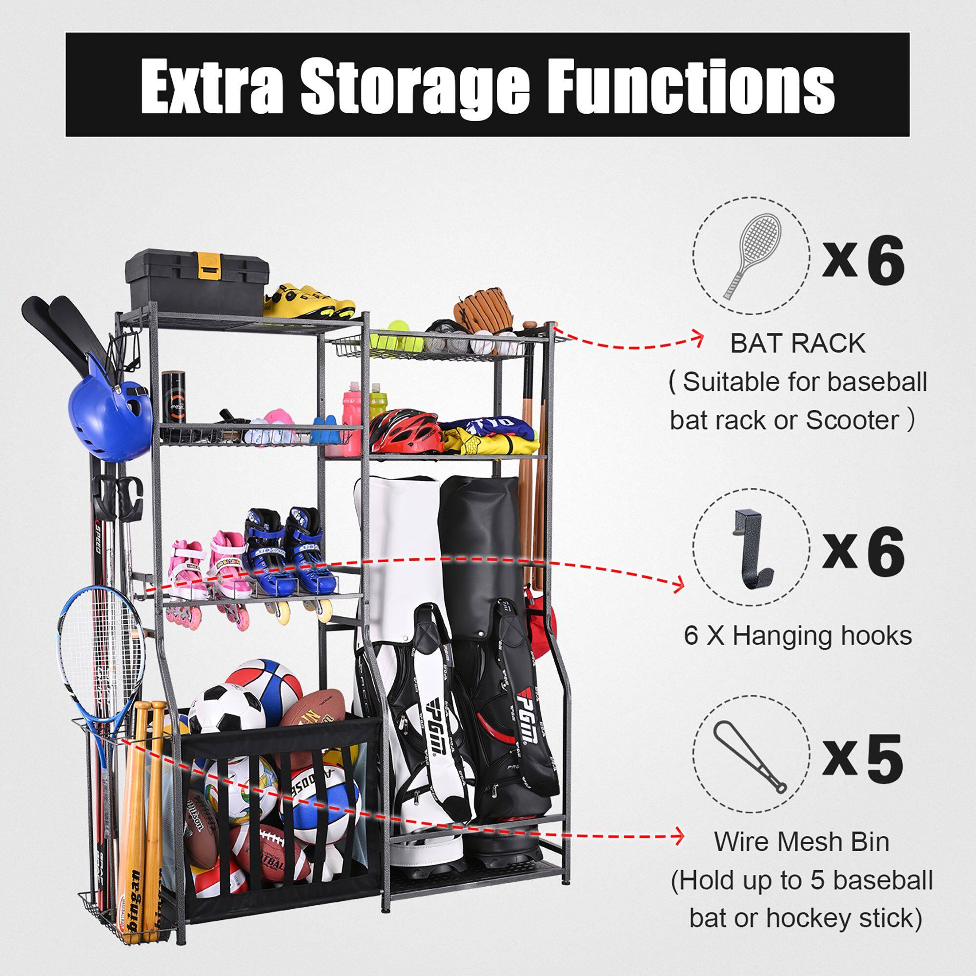 Extra Storage Functions

- x6 BAT RACK (Suitable for baseball bat rack or Scooter)
- x6 6 X Hanging hooks
- x5 Wire Mesh Bin (Hold up to 5 baseball bat or hockey stick)