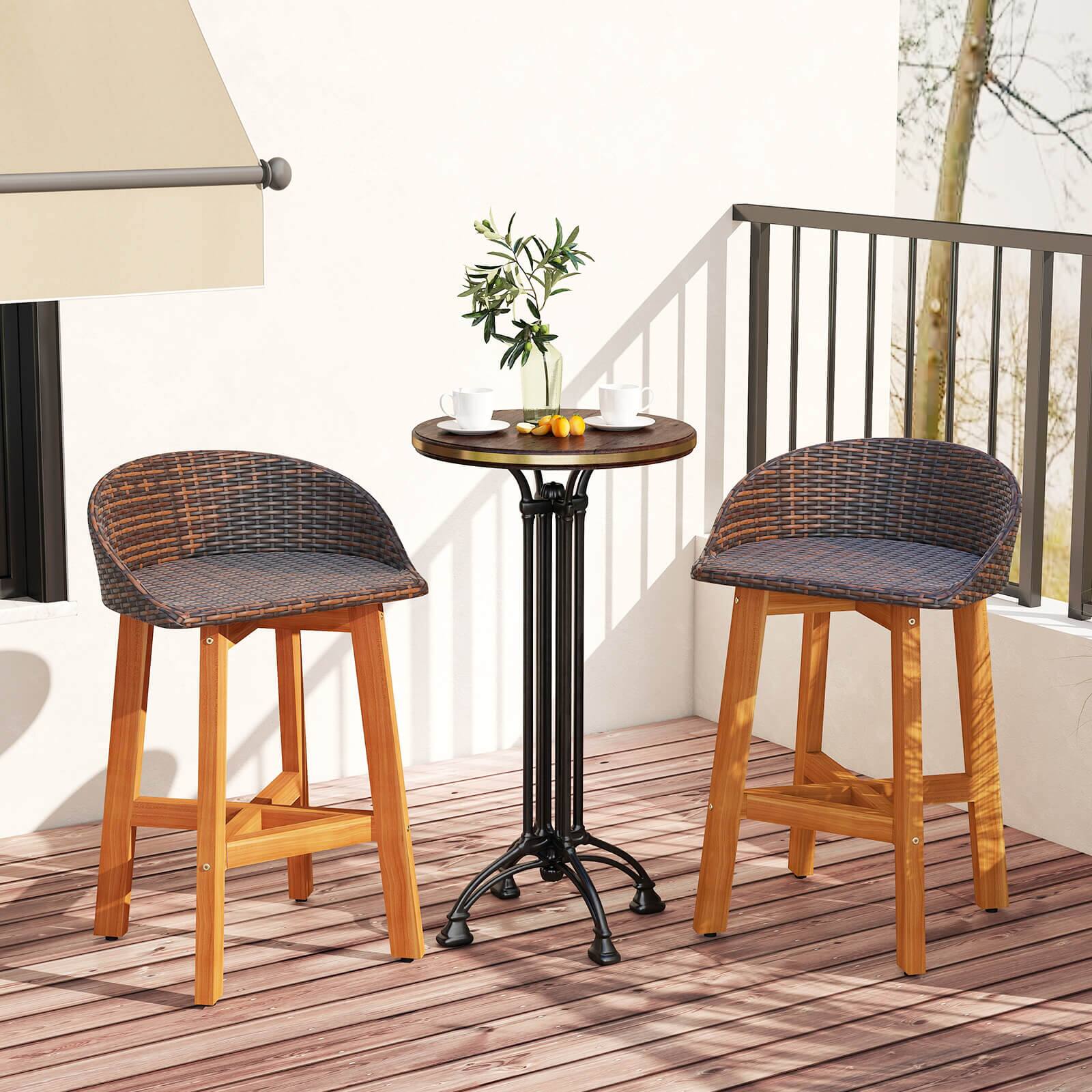 Alt View 3. Costway - Costway Outdoor Faux Rattan Bar Chairs Set of 4 Solid Acacia Wood Bar Stools for Porch - Brown.