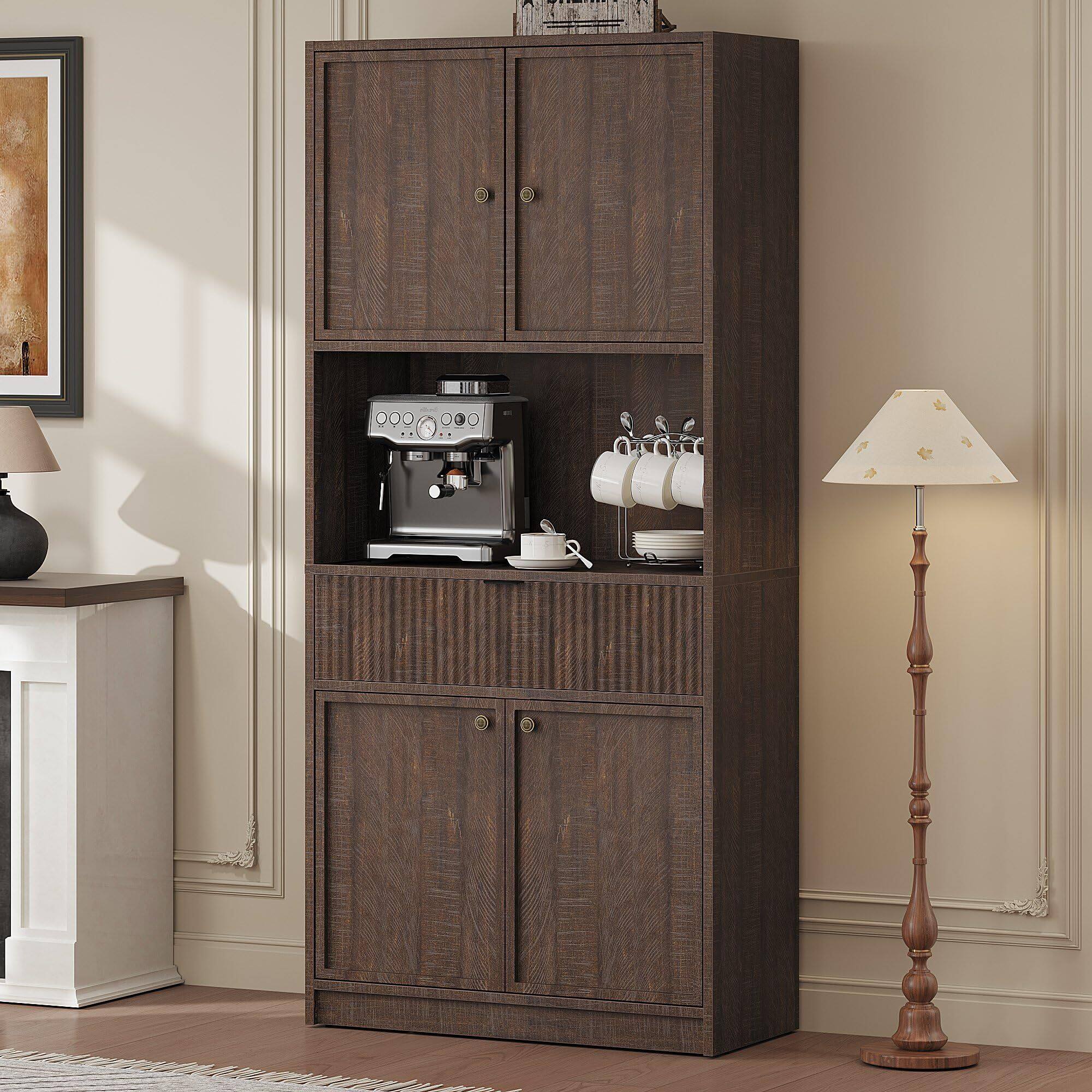 Alt View 4. Acekool - Tall Storage Cabinet, 70" Kitchen Pantry Cabinet with Doors, Fluted Kitchen Hutch - Brown.
