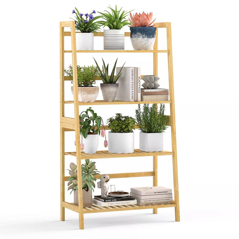 SKONYON - 4-Tier Bamboo Ladder Shelf Multipurpose Plant Display Stand Storage Bookshelf - Natural