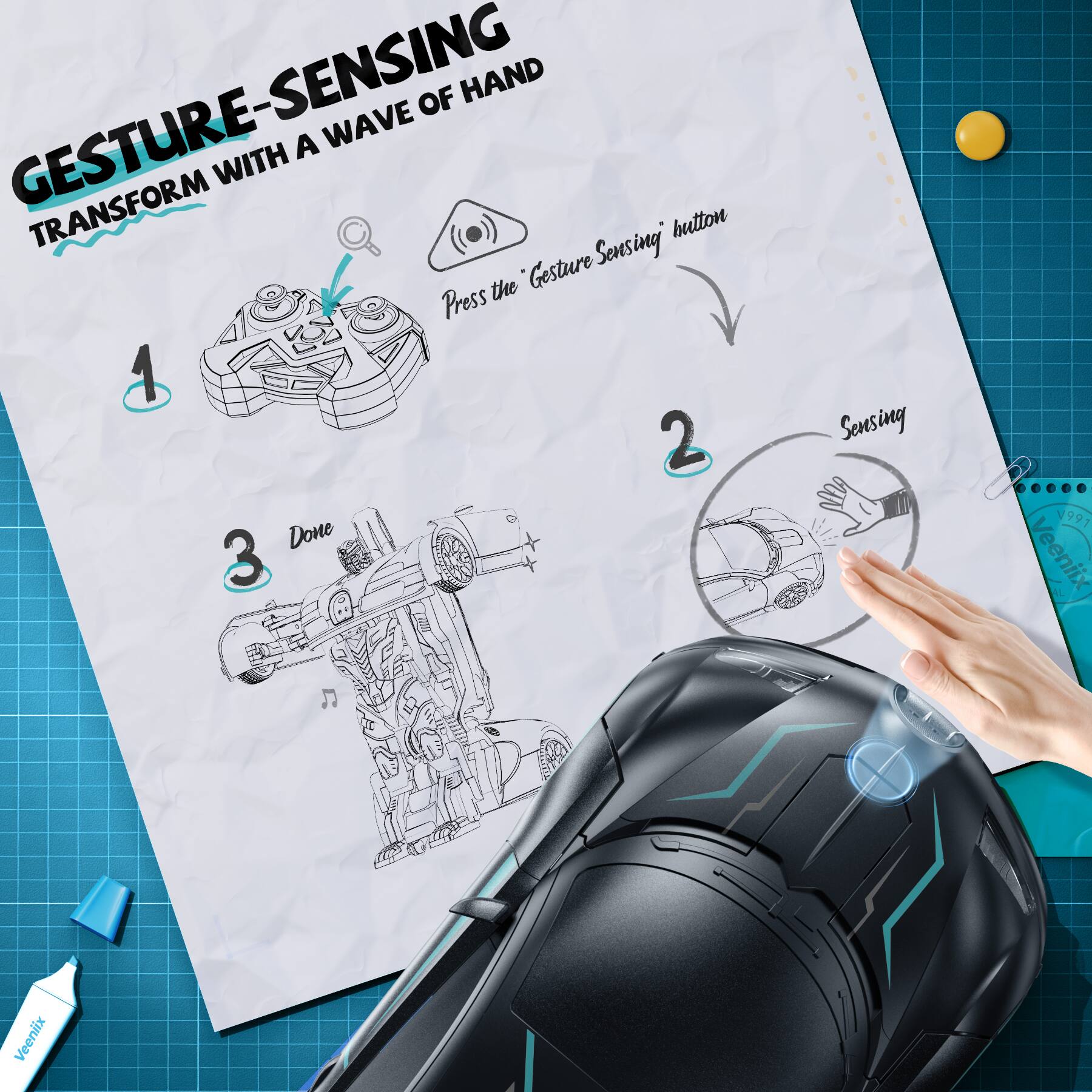 GESTURE-SENSING  
TRANSFORM WITH A WAVE OF HAND  

1. Press the "Gesture Sensing" button  
2. Sensing  
3. Done  

V997 Veeniix