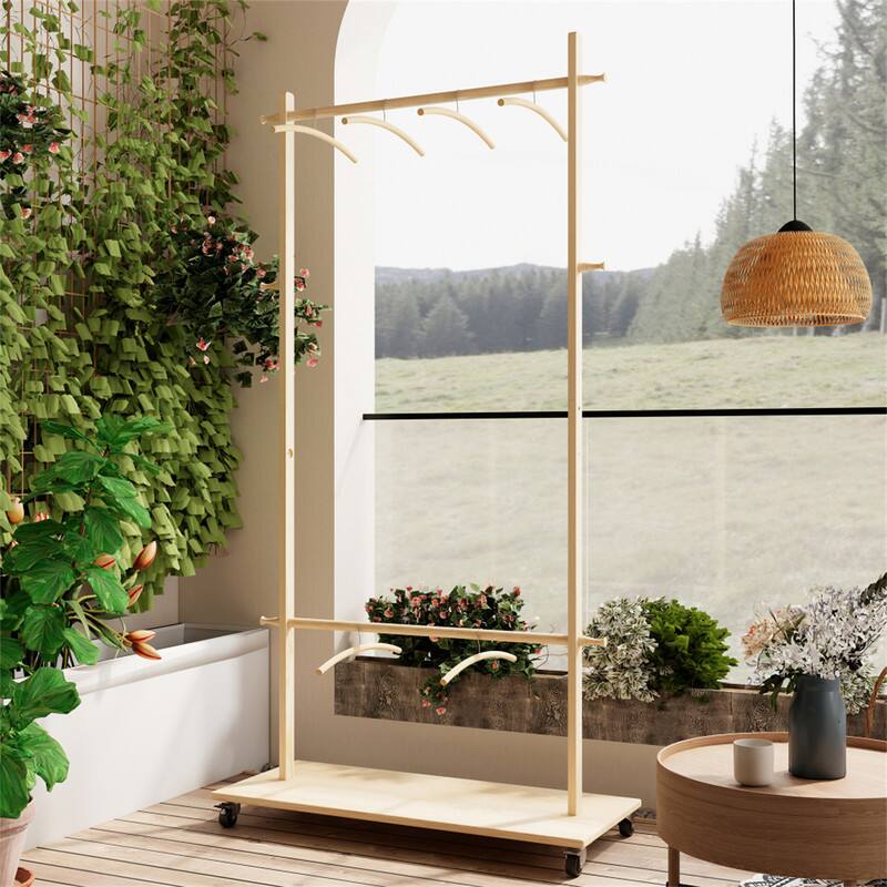 Alt View 2. ALEXOUN - Solid Wood Garment Clothes Drying Rack with 6 Wooden Hangers - Space-Saving , Adjustable Shelf &  Wheels for Bedroom - Beige.