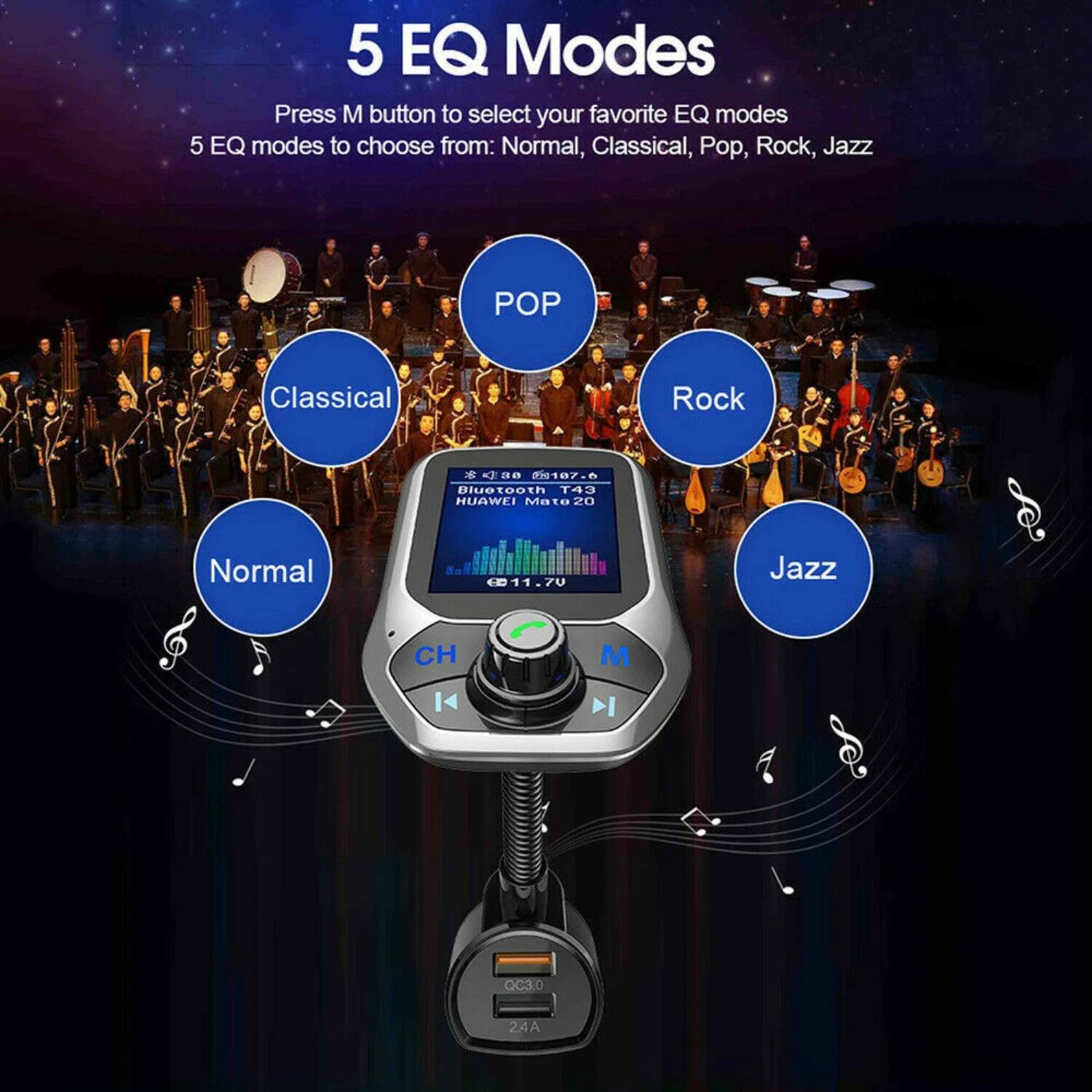 5 EQ Modes

Press M button to select your favorite EQ modes

5 EQ modes to choose from: Normal, Classical, Pop, Rock, Jazz

Normal  
Classical  
Pop  
Rock  
Jazz
