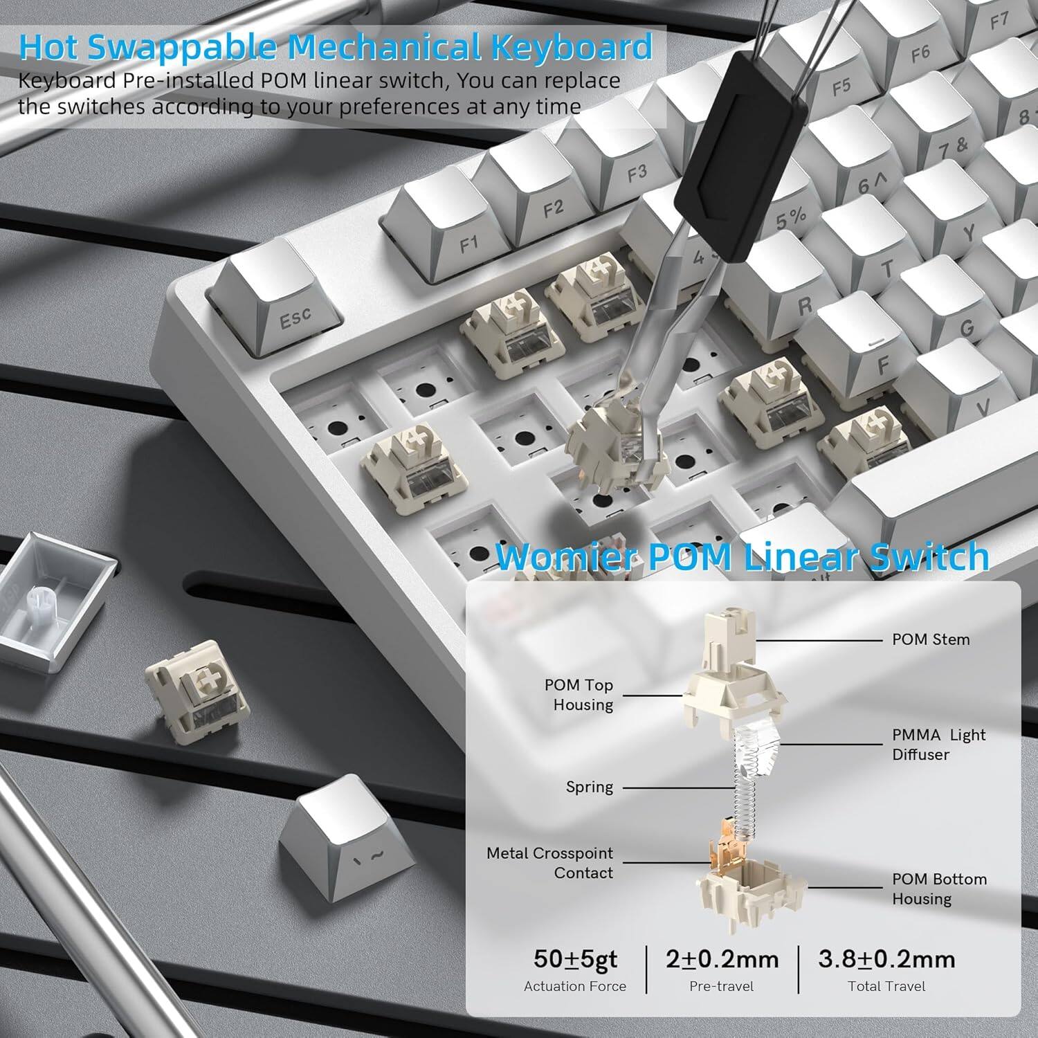 Hot Swappable Mechanical Keyboard  
Keyboard Pre-installed POM linear switch, You can replace the switches according to your preferences at any time  

F3 F2 F1 4 Esc 5% R F7 F6 F5 8 7 & 6^ 6 Y T G F V  

Womier POM Linear Switch  
POM Stem  
POM Top Housing  
PMMA Light Diffuser  
Spring  
Metal Crosspoint Contact  
POM Bottom Housing  

50±5gt  
2±0.2mm  
3.8±0.2mm  
Actuation Force  
Pre-travel  
Total Travel