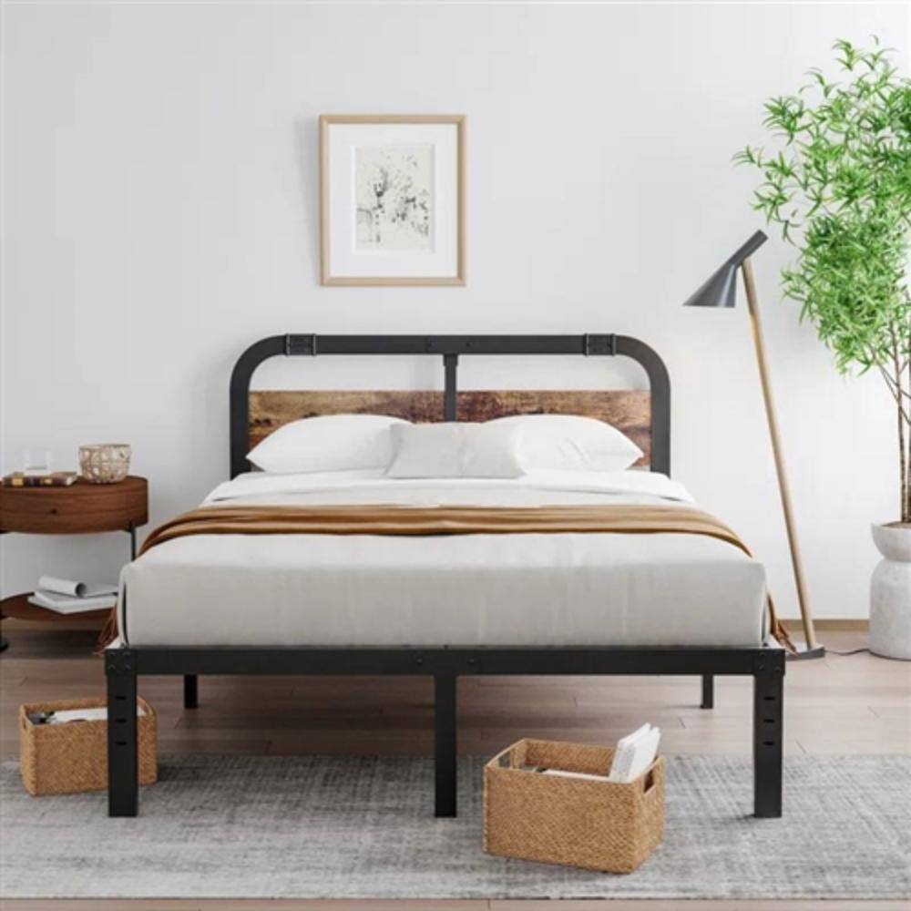 Left. Hivvago - Queen Heavy Duty Black Metal Bed Frame with Solid Wood Panel Headboard - Black.