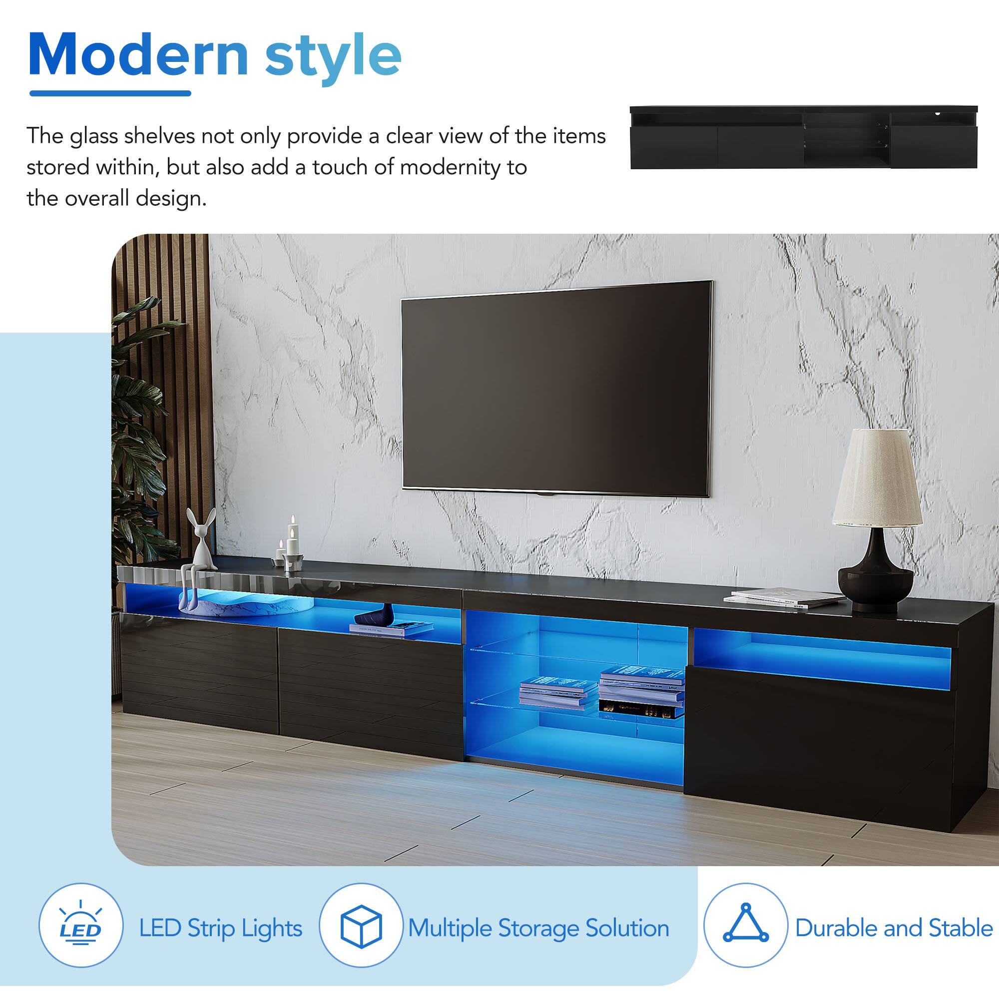 Modern style

The glass shelves not only provide a clear view of the items stored within, but also add a touch of modernity to the overall design.

LED Strip Lights  
Multiple Storage Solution  
Durable and Stable