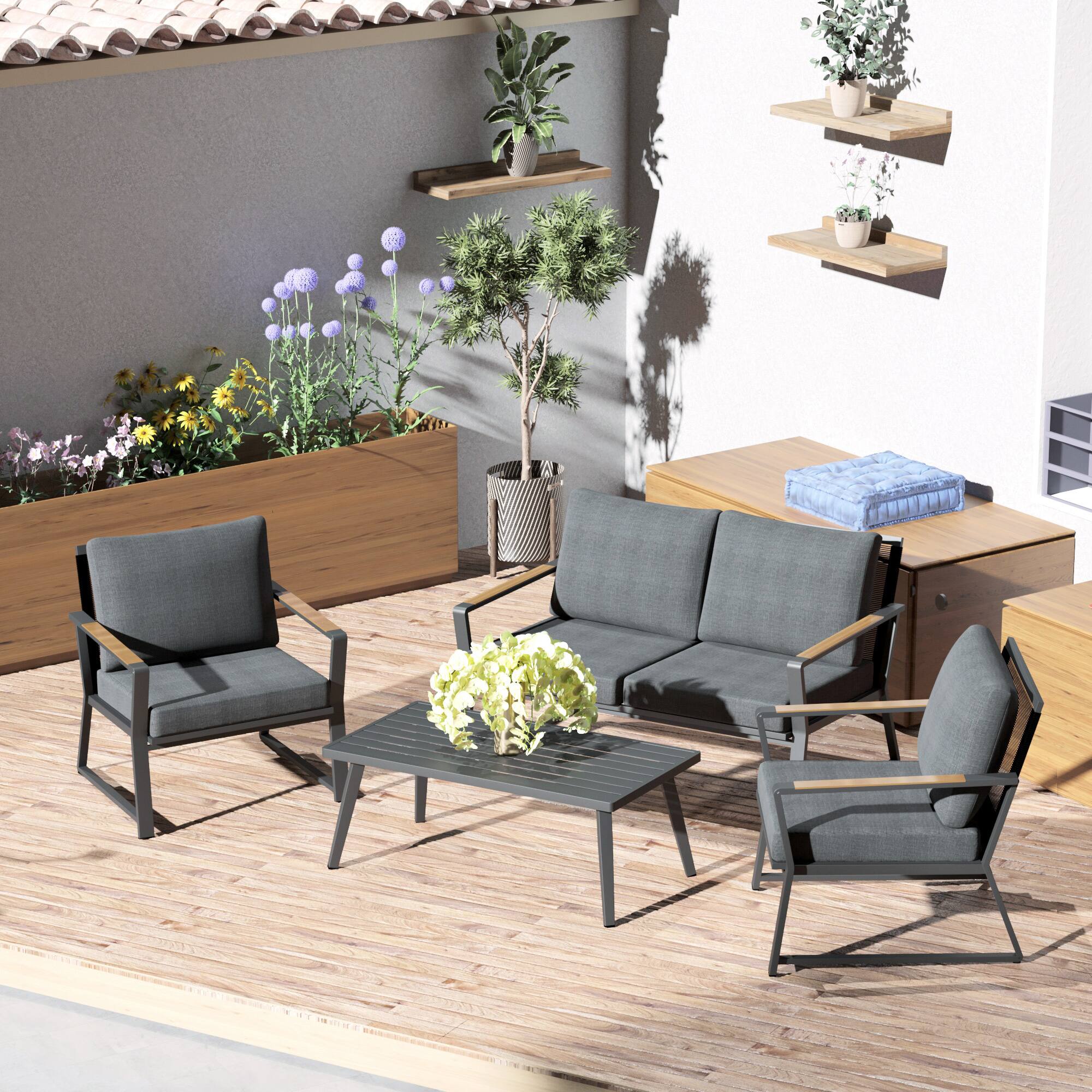 Alt View 1. Outsunny - 4 Piece Patio Furniture Set, Aluminum Conversation Set, Outdoor Garden Sofa Set with Armchairs - Dark Grey.