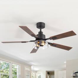 Breezary - 52-Inch Ceiling Fan with 5 Plywood Dual Finish Blades, 6-Speed DC Motor, 6'' Downrod, Remote Control&Timer - Matte Black and Dark Wood Grain + Light Wood Grain