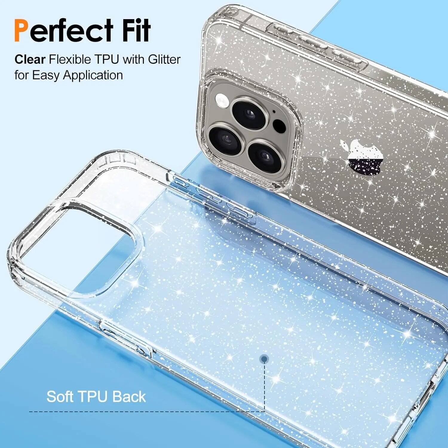 Perfect Fit  
Clear Flexible TPU with Glitter for Easy Application  
Soft TPU Back