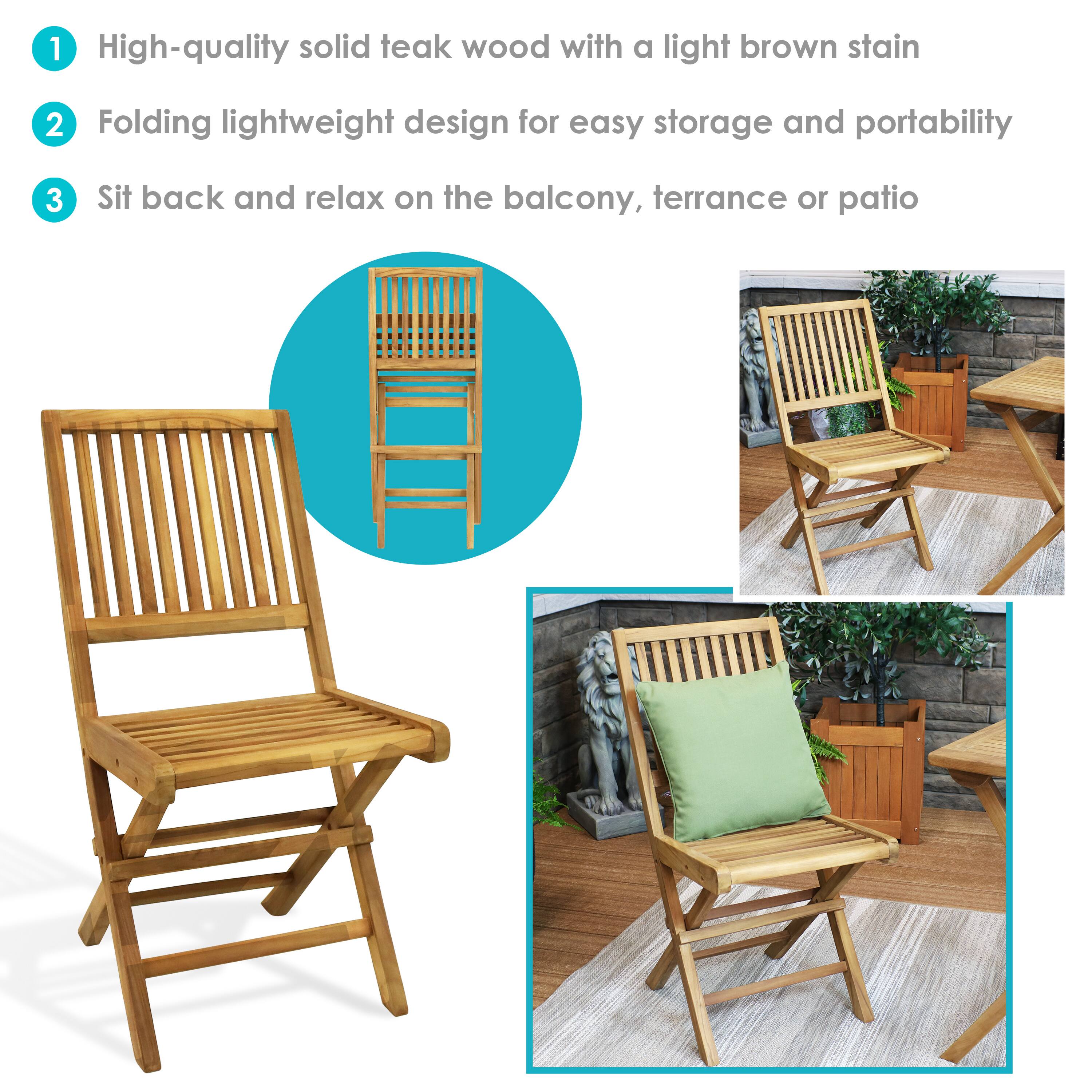 1. High-quality solid teak wood with a light brown stain  
2. Folding lightweight design for easy storage and portability  
3. Sit back and relax on the balcony, terrace, or patio