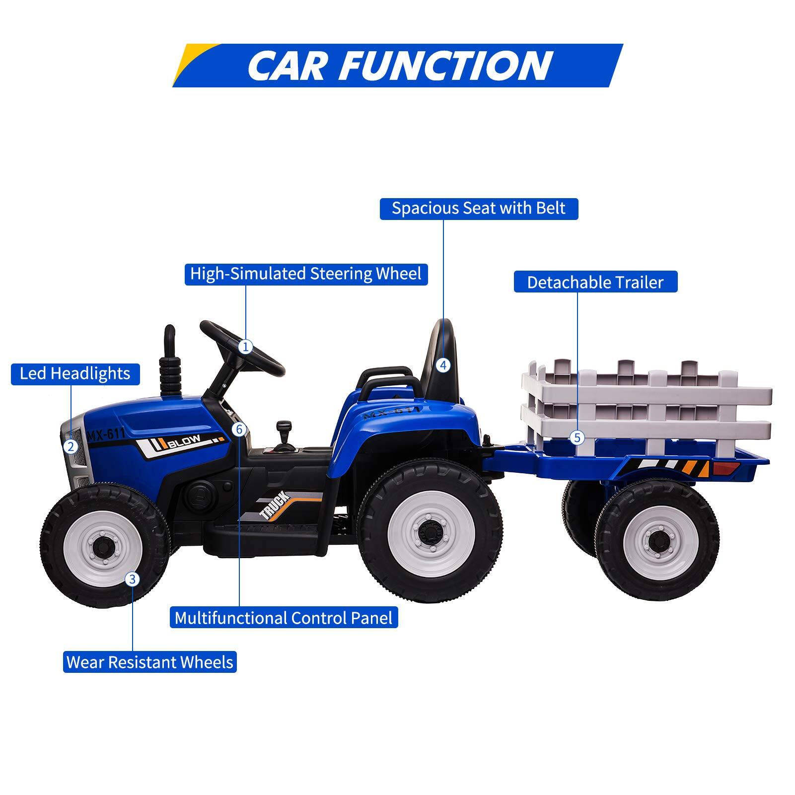 CAR FUNCTION

1. Spacious Seat with Belt
2. High-Simulated Steering Wheel
3. Led Headlights
4. Multifunctional Control Panel
5. Detachable Trailer
6. Wear Resistant Wheels

MX-611
BL WO. 6 5 TRUCK