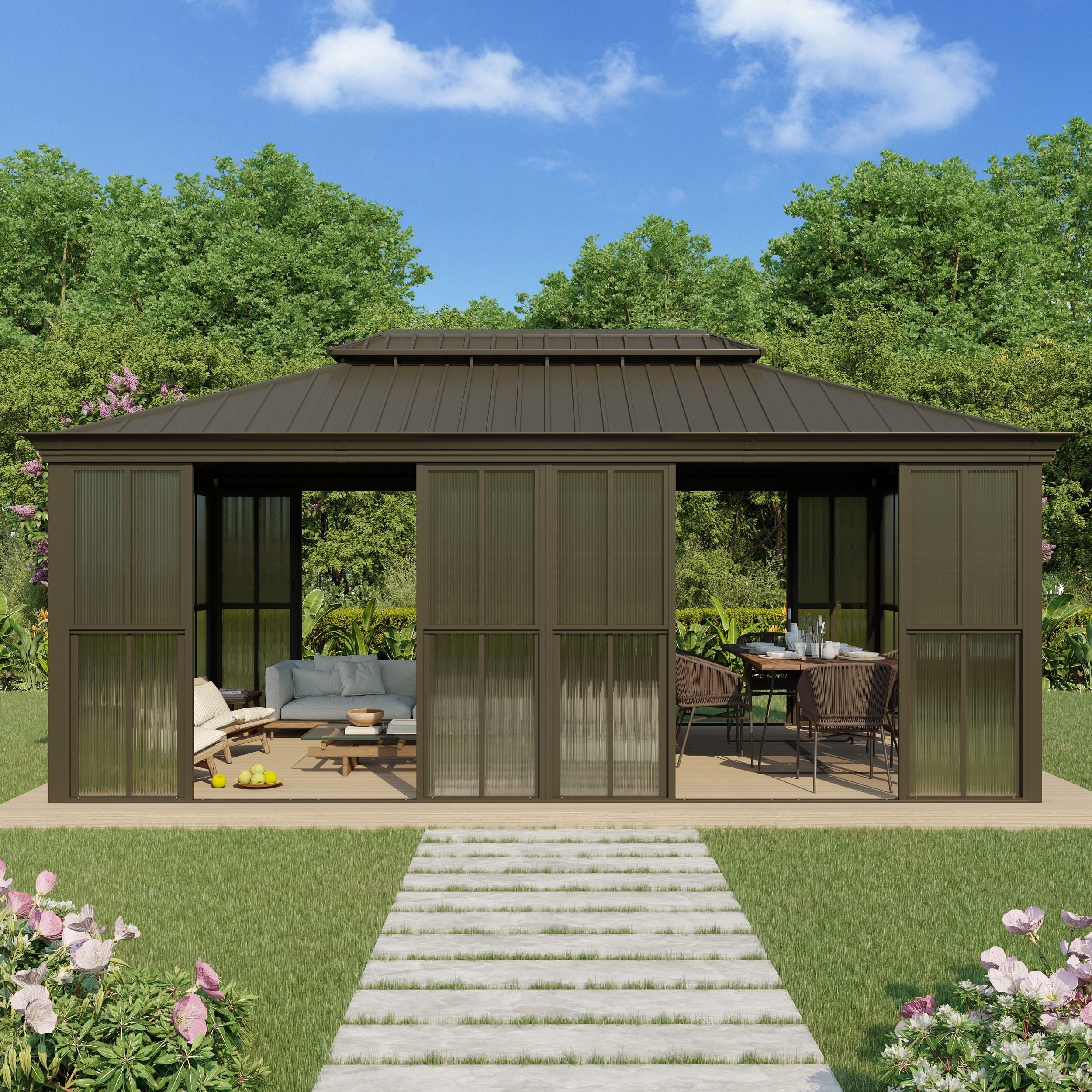 U-HOMY - Hardtop Sunroom with Double Steel Roof, Sliding Lockable Doors, Aluminum Frame, All-Season Design - 12' X 20'