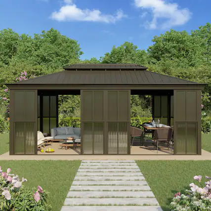 Front. U-HOMY - 12' x 20' Hardtop Sunroom with Double Steel Roof, Sliding Lockable Doors, Aluminum Frame, All-Season Design - 12' X 20'.