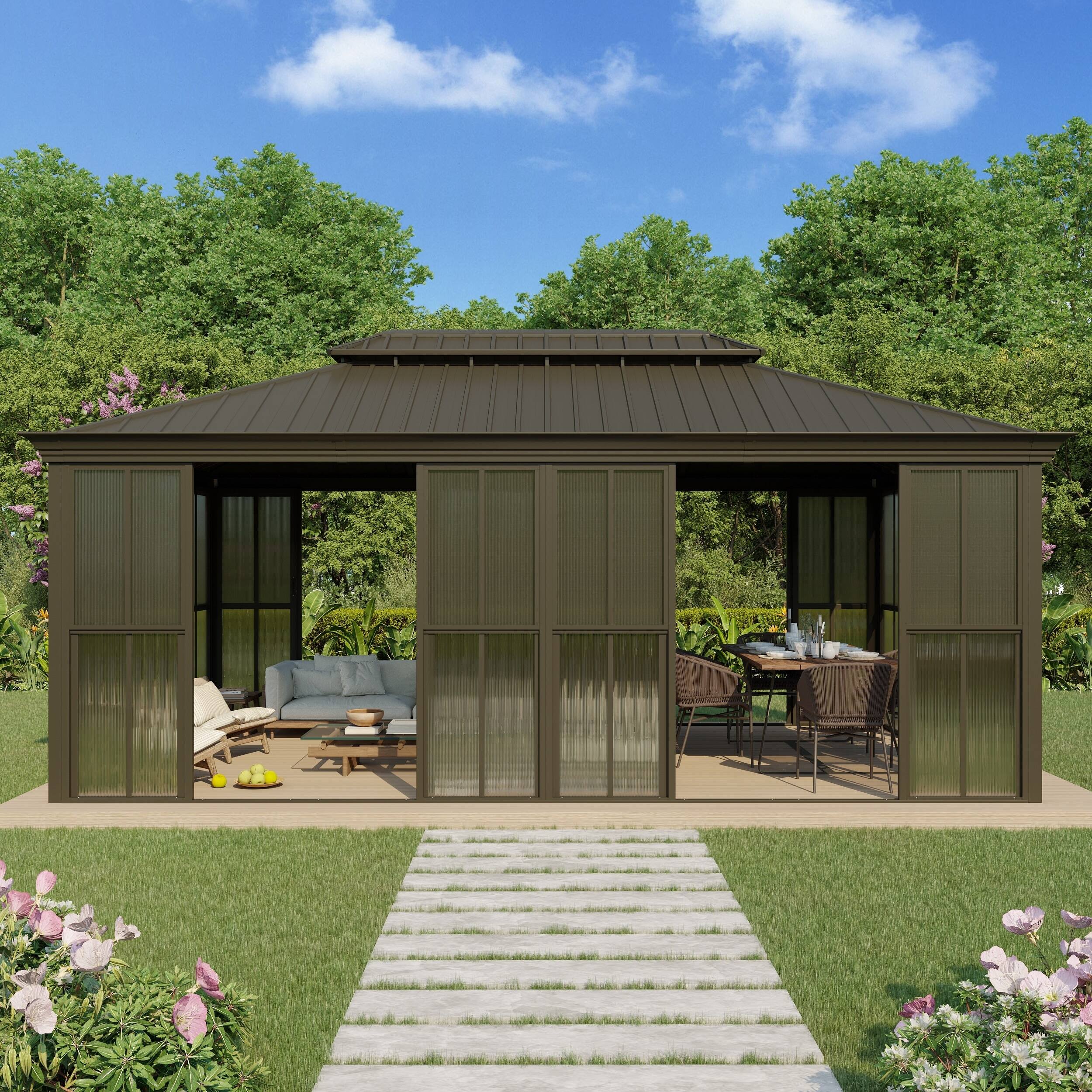 Front. U-HOMY - 12' x 20' Hardtop Sunroom with Double Steel Roof, Sliding Lockable Doors, Aluminum Frame, All-Season Design - 12' X 20'.