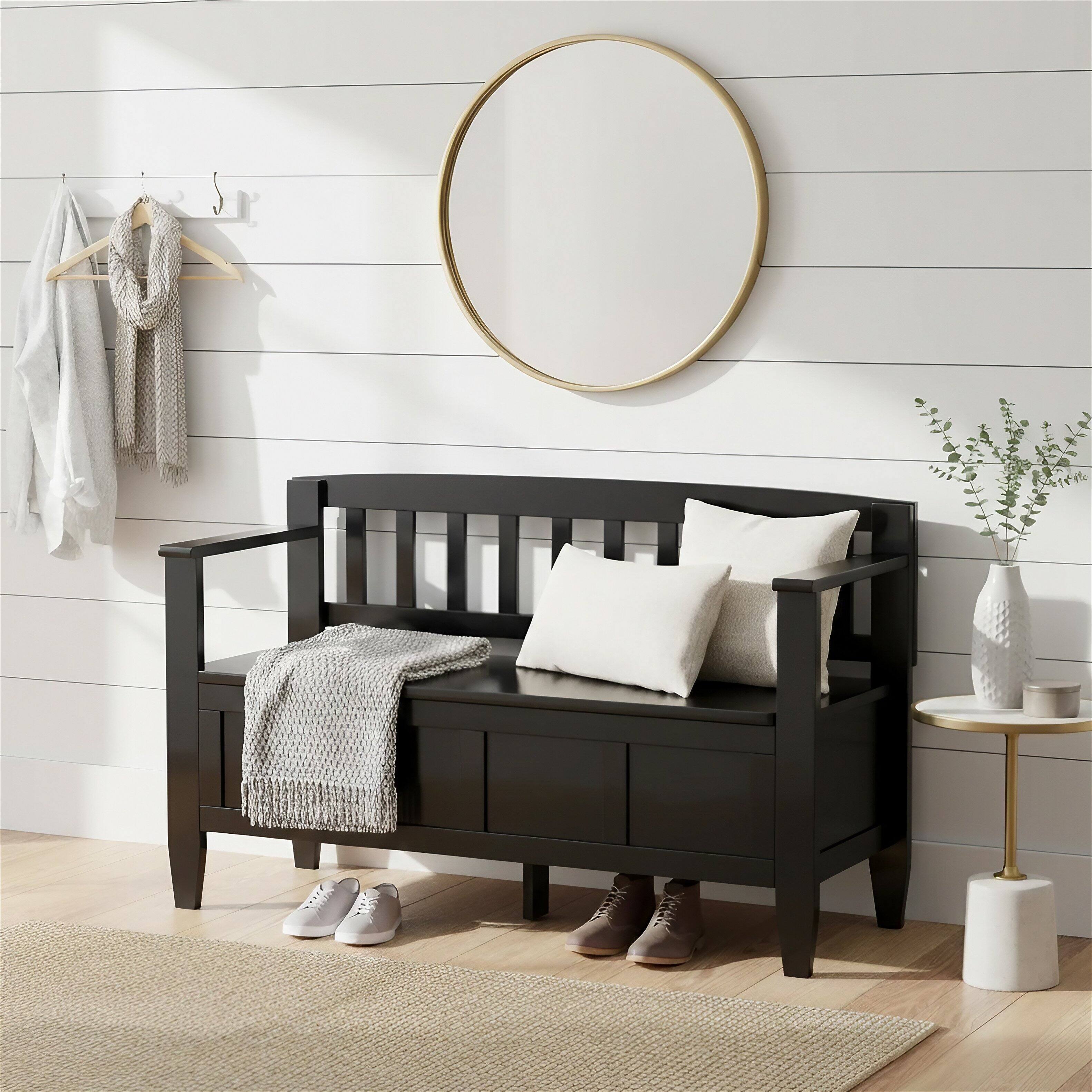 Simpli Home - Brooklyn 48 inch Wide Solid Wood Entryway Storage Bench - Deep Black