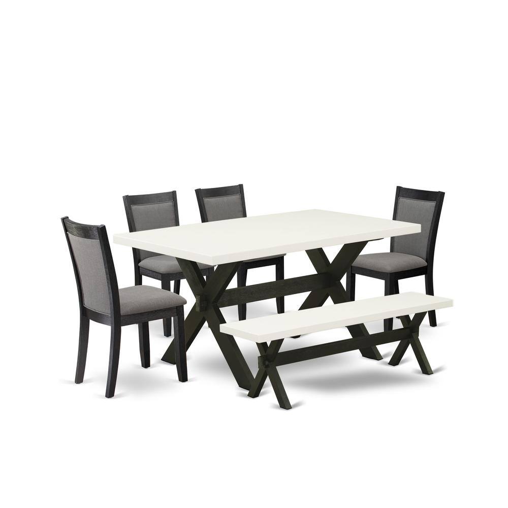 Alt View 4. East West Furniture - X626MZ650-6 6 Pc Table Set - Linen White Dinner Table with Kitchen Bench and 4 Dark Gotham Grey Chairs - Wire Brushed - Multi-Color.