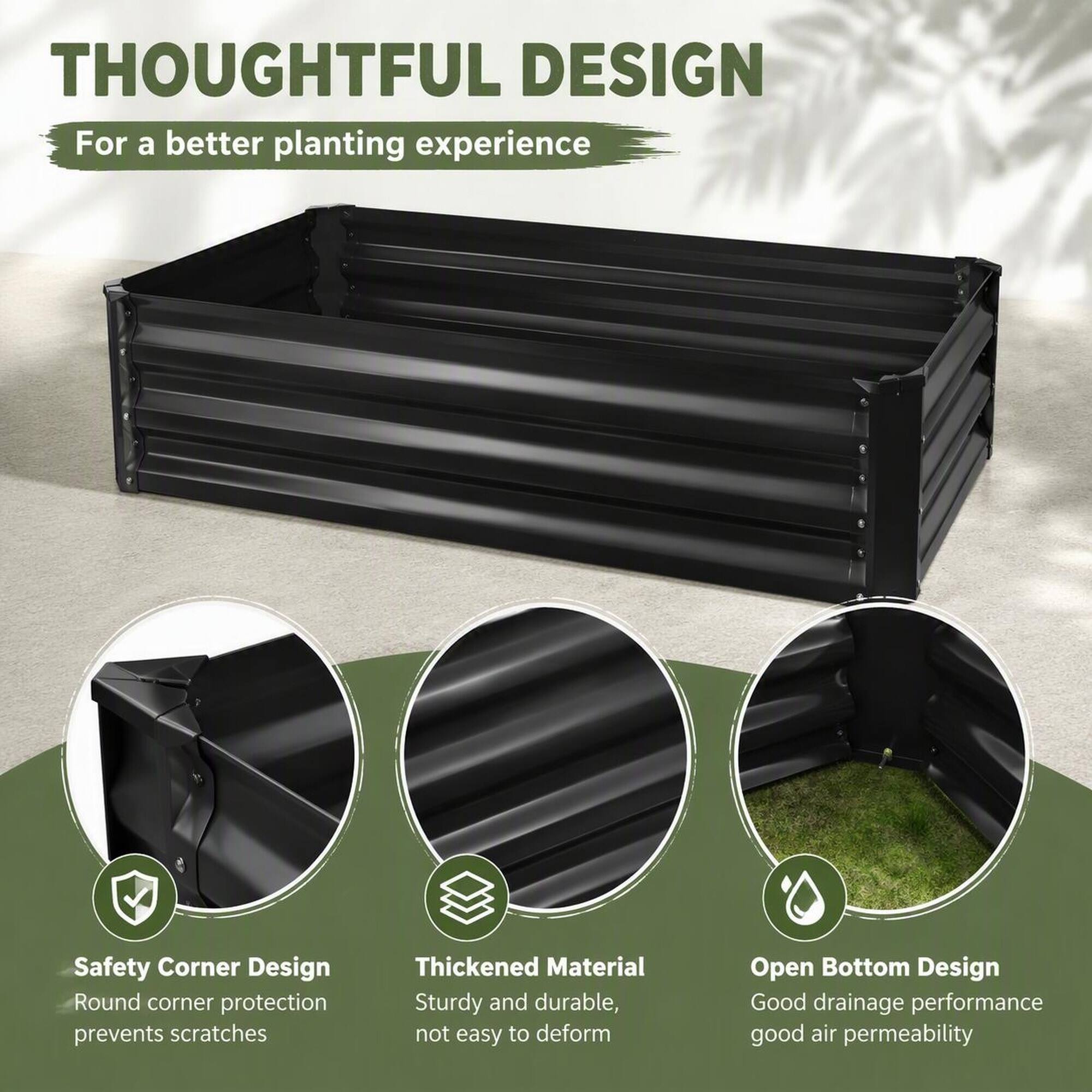 THOUGHTFUL DESIGN  
For a better planting experience

Safety Corner Design  
Round corner protection prevents scratches

Thickened Material  
Sturdy and durable, not easy to deform

Open Bottom Design  
Good drainage performance, good air permeability