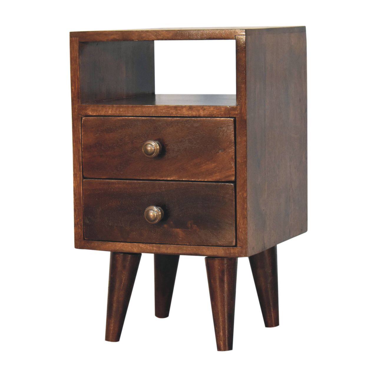 Left. Artisan Furniture - Artisan Furniture Solid Wood Mini Classic California Walnut Bedside, 2 Drawers, 1 Open Slot, Nordic Legs, Dark Brown - Walnut Finish.