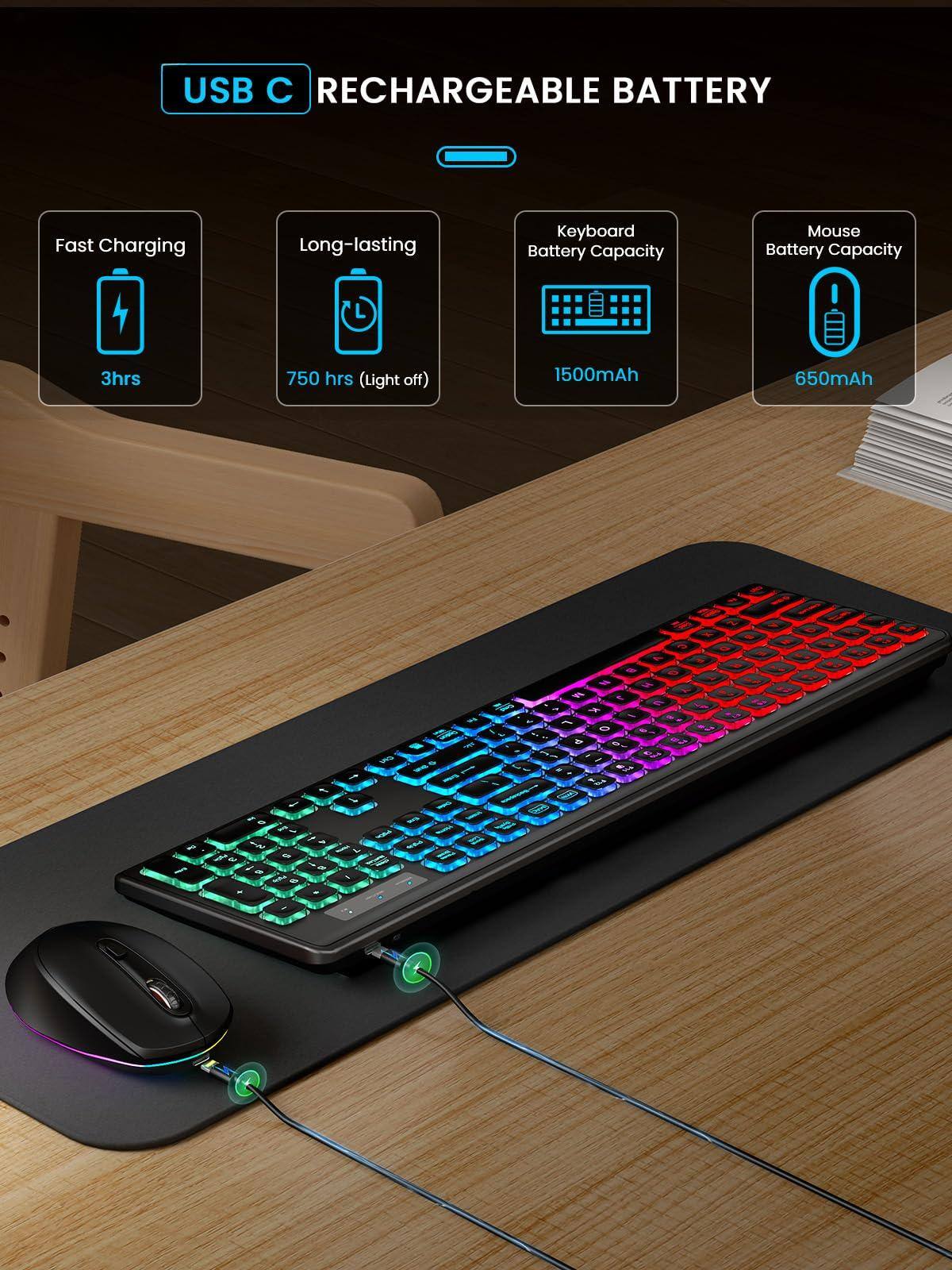 USB C RECHARGEABLE BATTERY

Fast Charging
3hrs

Long-lasting
750 hrs (Light off)

Keyboard Battery Capacity
1500mAh

Mouse Battery Capacity
650mAh