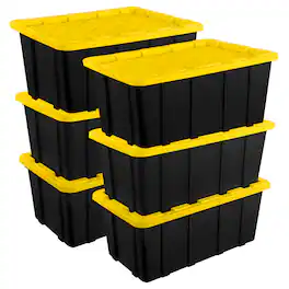 Sterilite - 27 Gallon Industrial Stackable Storage Tote Lidded Containers, 6 Pack - Black/Yellow
