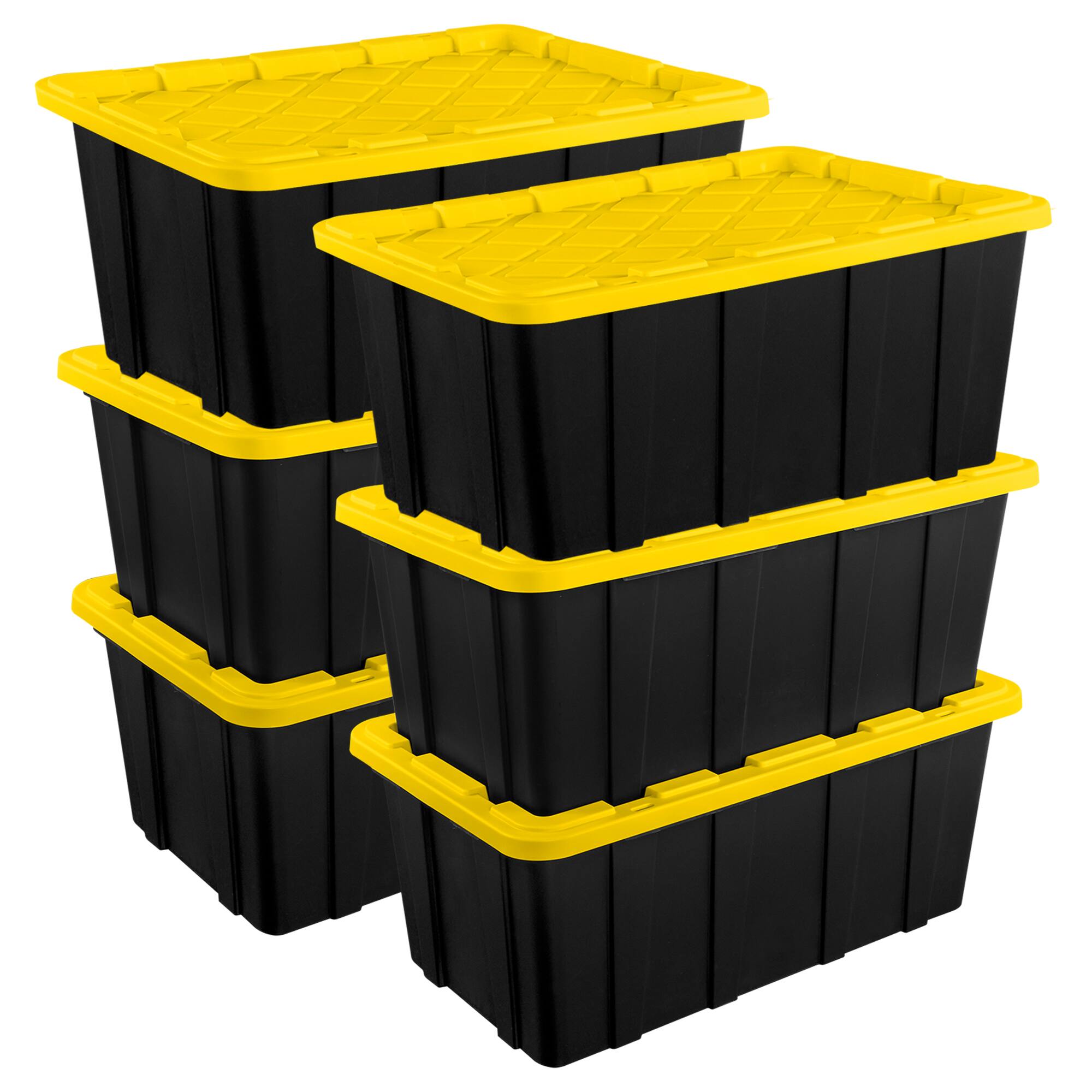 Front. Sterilite - Sterilite 27 Gallon Industrial Stackable Storage Tote Lidded Containers, 6 Pack - Black/Yellow.