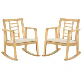 Costway - 2 PCS Wooden Rocking Chair Solid Rubber Wood Rocker with Fabric Upholstered Seat - Natural and Beige
