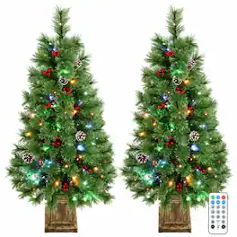 RYHNUYNE - 4FT Pre-Lit Pine Christmas Tree Set of 2 With Dual-Color LED Lights and Remote Control - Green