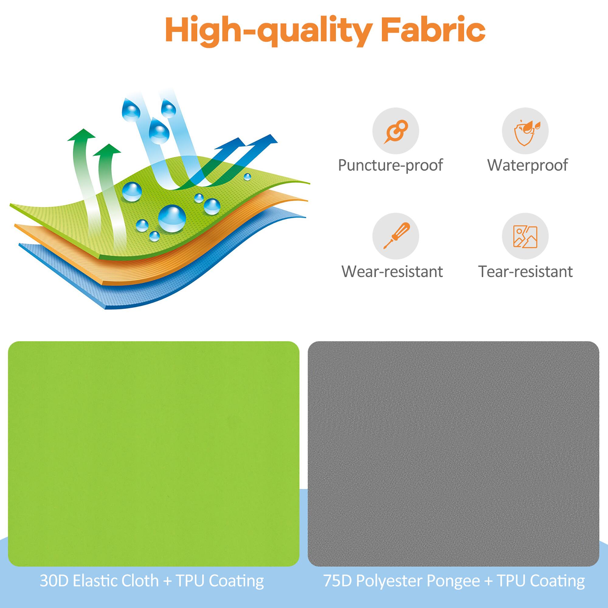 High-quality Fabric

- Puncture-proof
- Waterproof
- Wear-resistant
- Tear-resistant

30D Elastic Cloth + TPU Coating

75D Polyester Pongee + TPU Coating