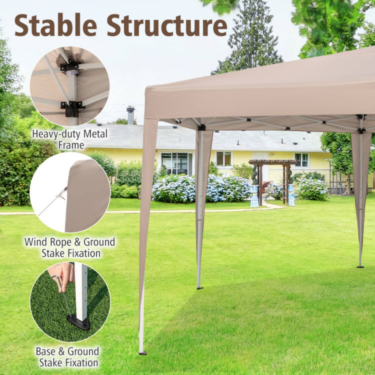 Stable Structure

- Heavy-duty Metal Frame
- Wind Rope & Ground Stake Fixation
- Base & Ground Stake Fixation