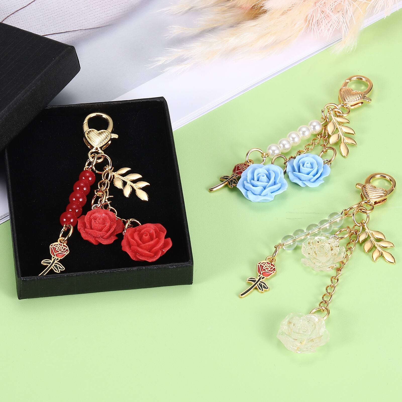 Alt View 6. Unique Bargains - 2pcs Rose Flower Key Chains w/ LOVE Mini Rose Pendant Keyrings, Elegant Car Keychains for Women Purse Handbag Bag Keys - Blue/Light Pink.
