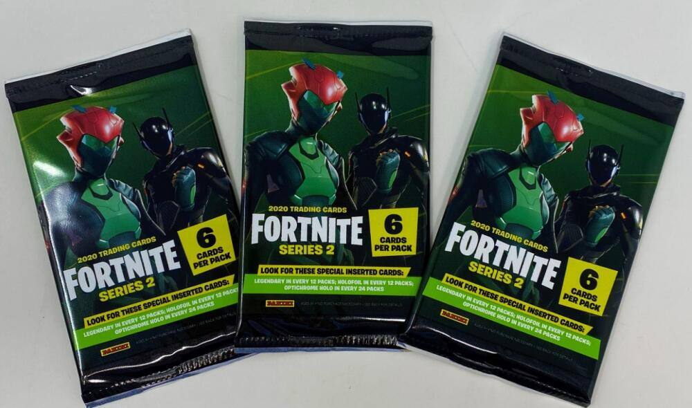2020 TRADING CARDS FORTNITE SERIES 2

6 CARDS PER PACK

LOOK FOR THESE SPECIAL INSERTED CARDS:
- LEGENDARY IN EVERY 12 PACKS
- HOLOFOIL IN EVERY 12 PACKS
- OPTICHROME HOLO IN EVERY 24 PACKS